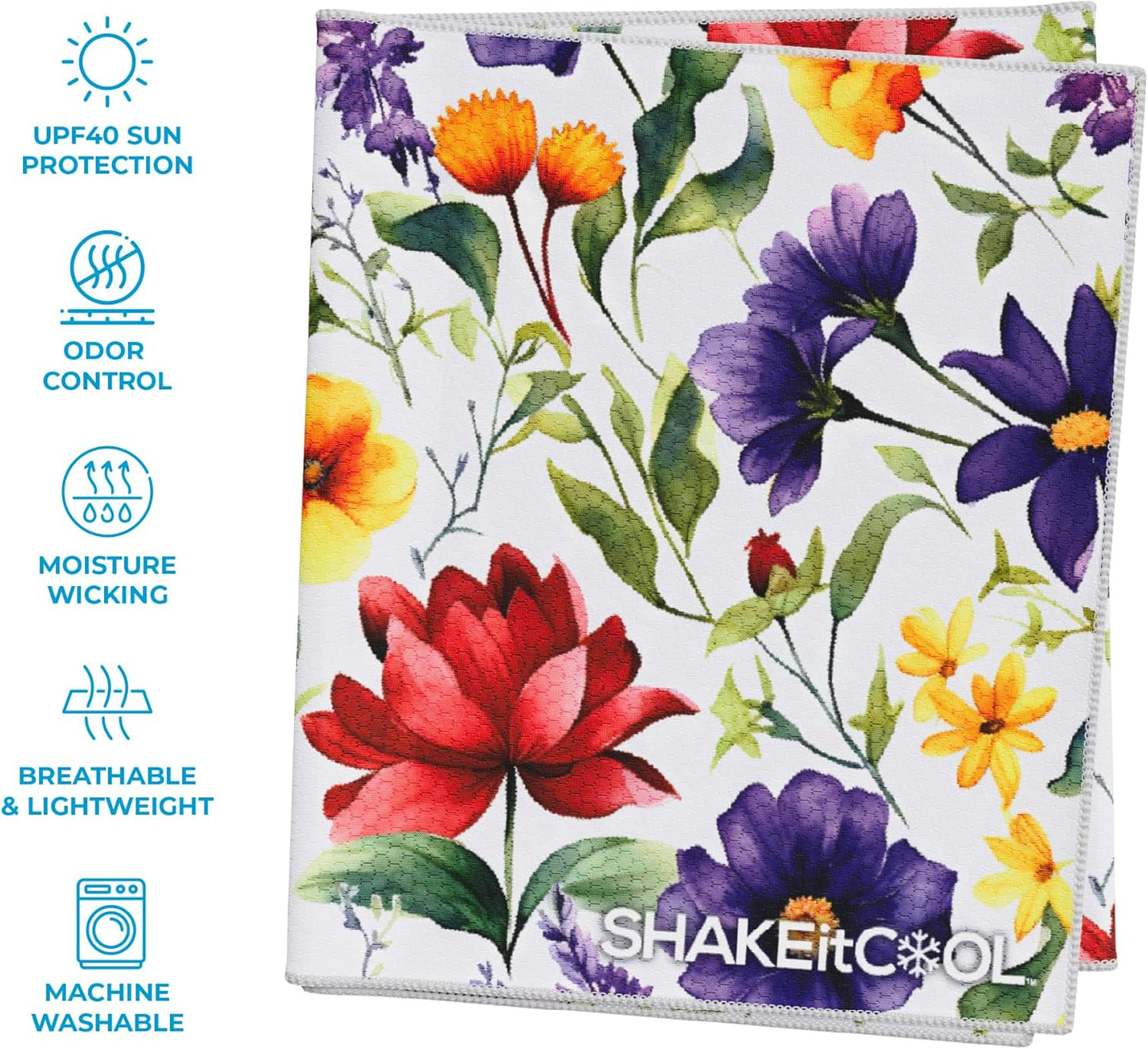 SHAKEitCOOL Extended Size Cooling Towel – Be Cool in Style - Heat Relief, Soft, Lightweight, Sun Protection, Easy Clean - Perfect for Biking, Hiking, Running, Yoga, Golf, Gardening - Summer Flower M