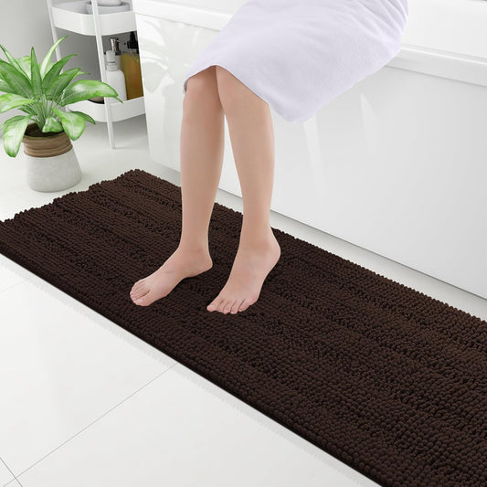 Grandaily Chenille Striped Bathroom Rugs 59x20, Extra Thick and Absorbent Bath Mats, Non-Slip Soft Plush Shaggy Shower Carpet, Machine Wash Dry, Bath Rug for Bathroom, Brown