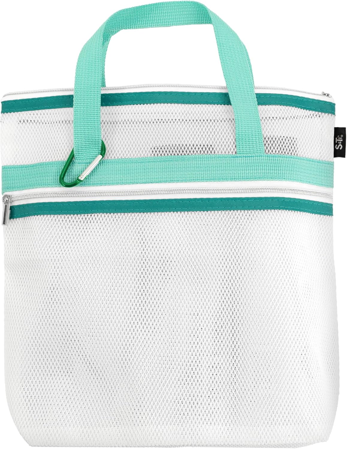 S&T INC. Mesh Shower Caddy, Shower Bag for Dorm Room Essentials, Gym Bag, Camping and More, Two Zippered Pockets, White and Teal, 10 Inches x 10 Inches