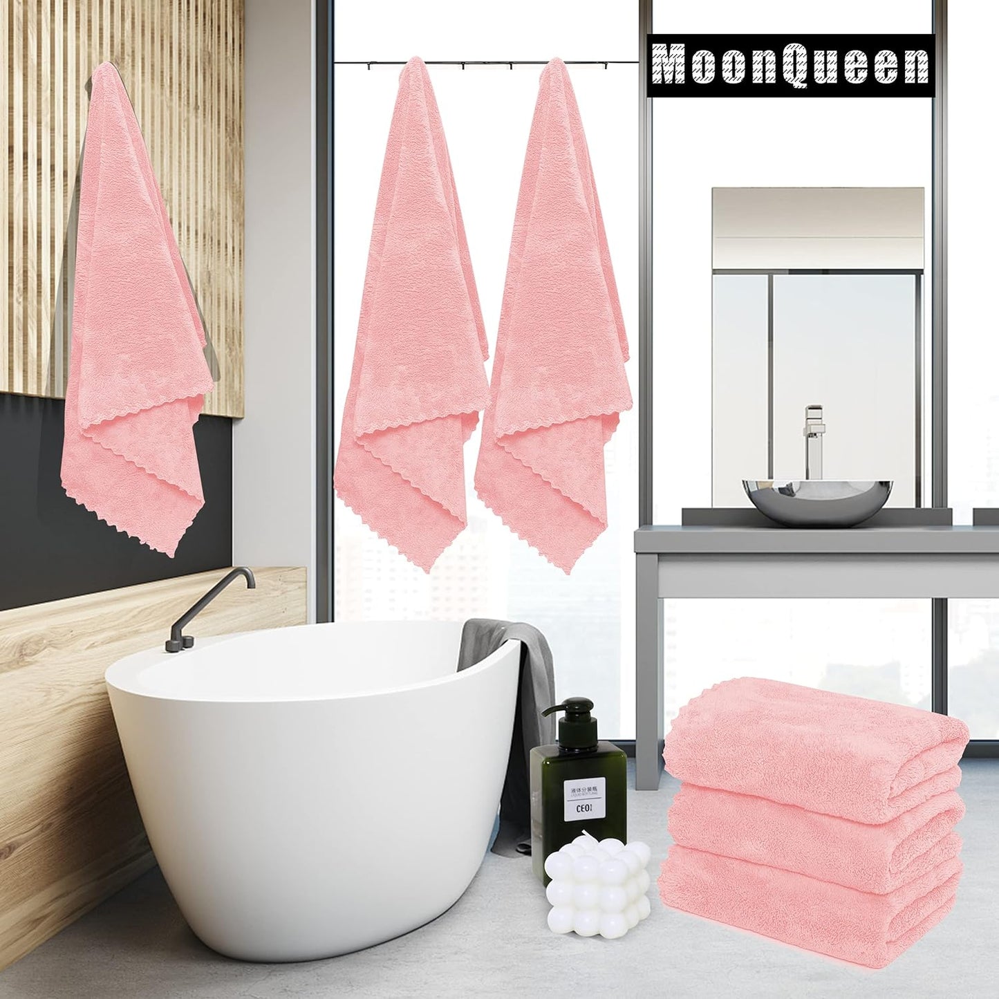 MOONQUEEN 2 Pack Premium Bath Towel Set - Quick Drying - Microfiber Coral Velvet Highly Absorbent Towels - Multipurpose Use as Bath Fitness, Bathroom, Shower, Sports, Yoga Towel (Pink)