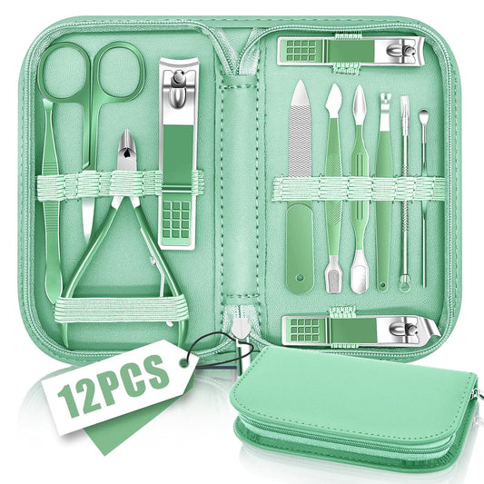 Manicure Pedicure Set, Nail Clipper Set for Men Women, Professional Manicure Kit Pedicure Kit, Nail Care Kit with Green Travel Leather Bag, Set 12 in 1
