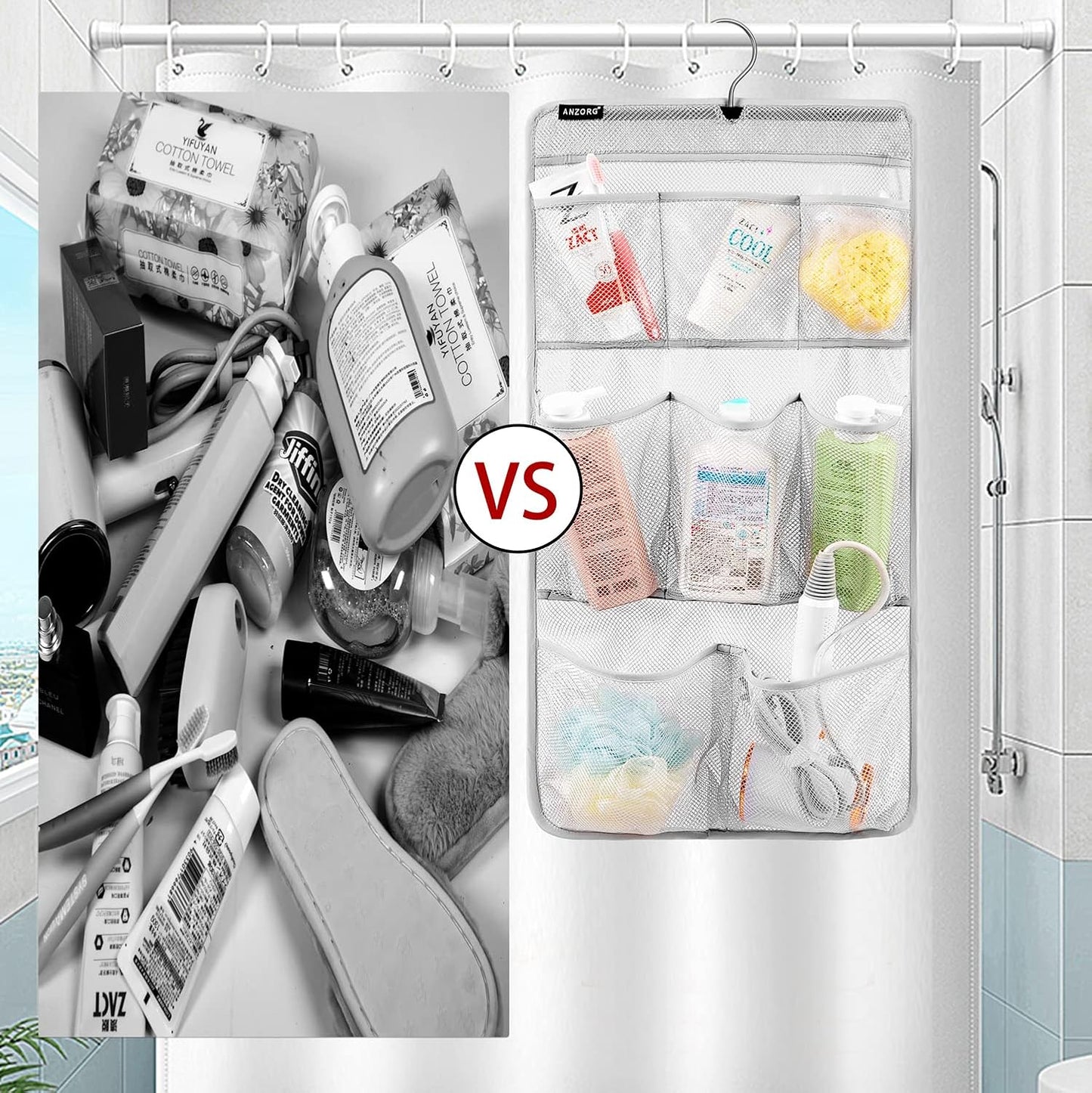 Mesh Shower Organizer Hanging Caddy Quick Dry Bathroom Storage for Toiletry Accessories with Rotating Hanger (8 Pockets)