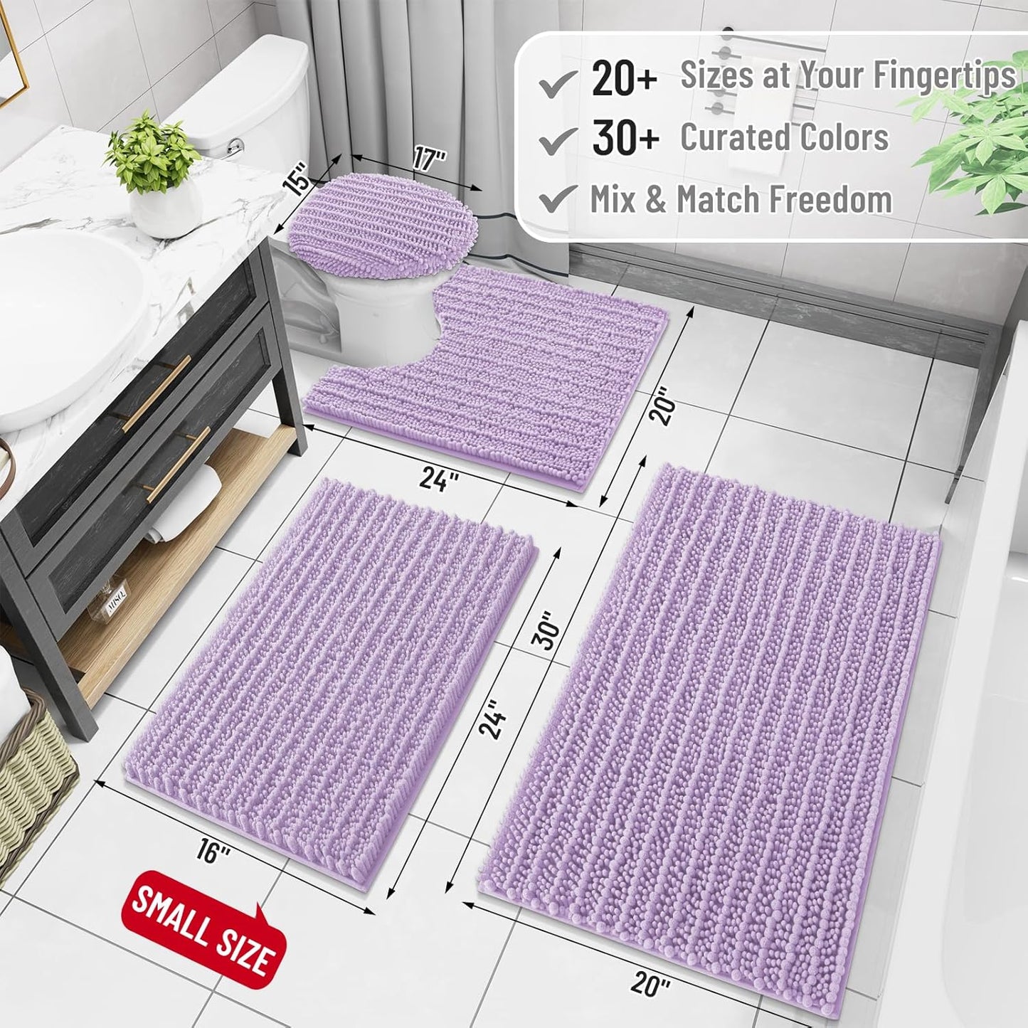 Arotive Luxury Chenille Bathroom Rug Mat, Extra Soft Thick Absorbent Shaggy Bath Rugs, Non-Slip Machine Wash Dry, Plush Bath Mats for Bathroom, Shower and Tub, 34x21, Light Purple