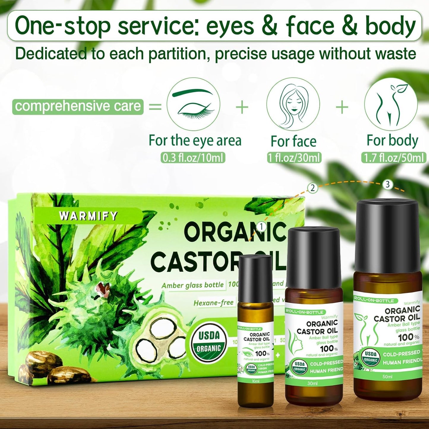 3-in-1 Castor Oil Roll on for Eye,Face,Body Skin,Certified Organic Cold Pressed Castor Oil Roller ball unrefined Glass Bottle,Precise & Mess-Free Application & Travel Friendly