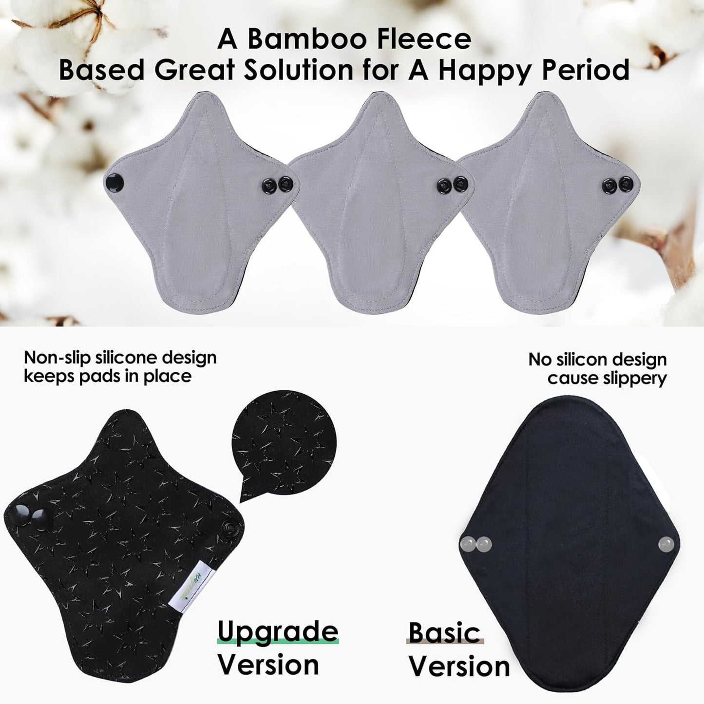 wegreeco 6 Pcs Reusable Menstrual Pads, Ultra Absorbent Cloth Pads for Heavy Flow, Sanitary for Teens, Women, Nonslip, Grey Inner, Black Outer, X-Small