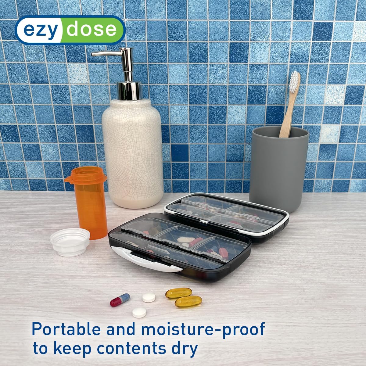 EZY DOSE Moisture-Proof Pill Case, Medicine Planner, Vitamin Organizer Box, Travel-Friendly, Latch-Closure to Secure Contents, 8 Individual Compartments of Multiple Sizes with Tight Seal, Large, Black