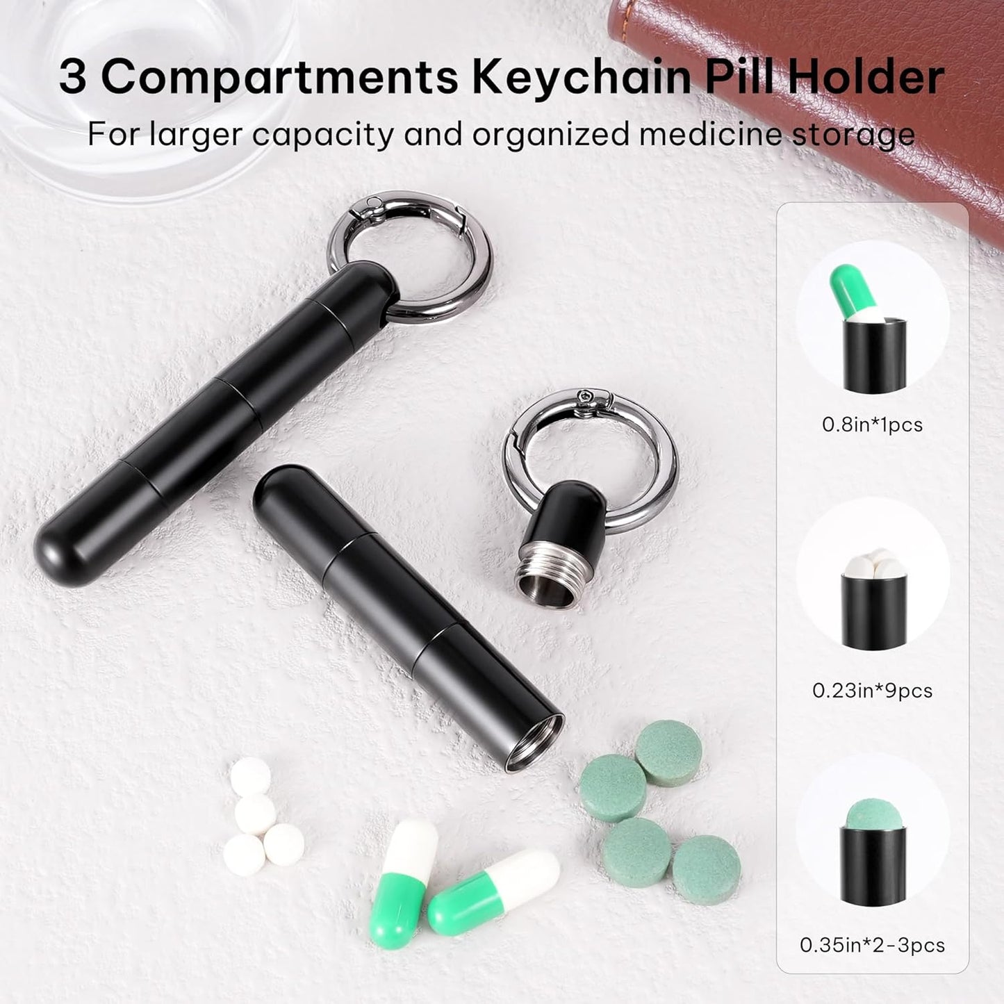 Titanium Keychain Pill Holder,Mini Pill Case Keychain,Waterproof Pocket Pill Case,Small Pill Container for Travel Purse(3 Compartment)
