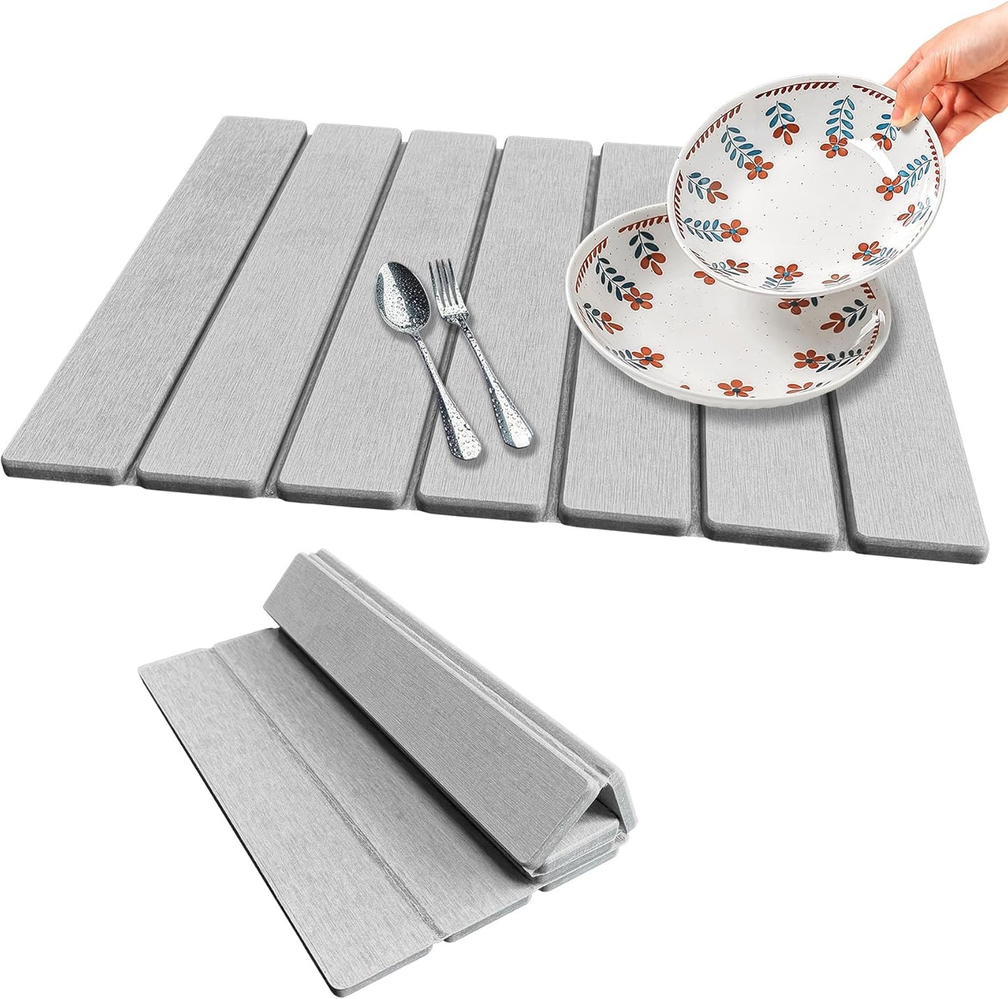 Stone Dish Drying Mat For Kitchen & Bathroom - Diatomaceous Earth, Quick Dry, Collapsible, Non - Slip Pvc, Rounded Corners, 15.7 X 11.8 IN, Absorbent, Natural Material For Dishes, Cups & More