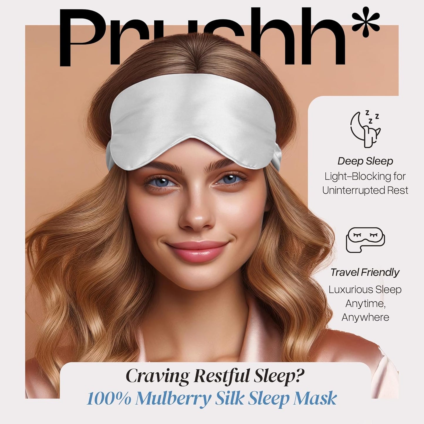 Adjustable Silk Sleep Mask Eye Covers | 100% Pure 6A Mulberry Silk | Blackout & Hypoallergenic | Concealed Strap for Women & Men | for Sleeping & Travel (Ivory White)