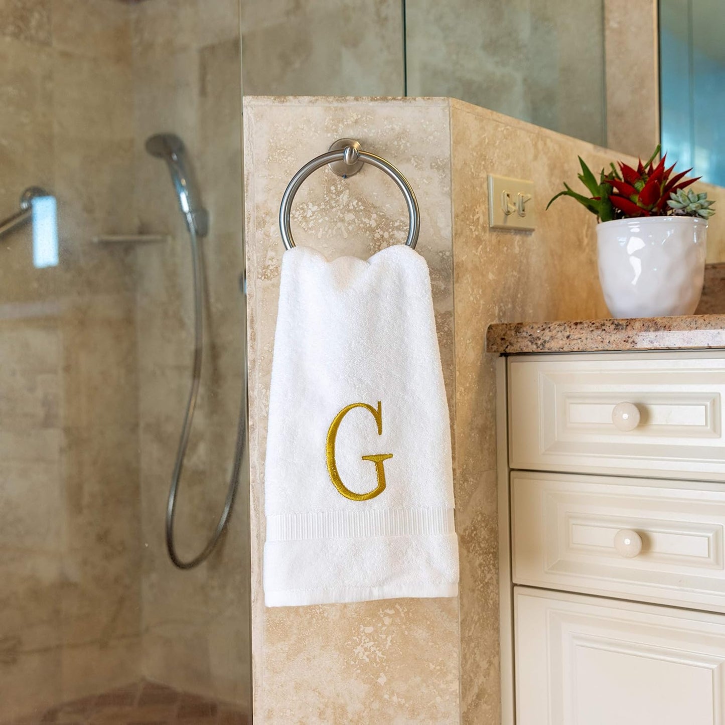 Monogrammed Hand Towels for Bathroom - Luxury Hotel Quality Personalized Initial Decorative Embroidered Bath Towel for Powder Room, Spa - GOTS Organic Certified - Set of 2 Gold Letter G