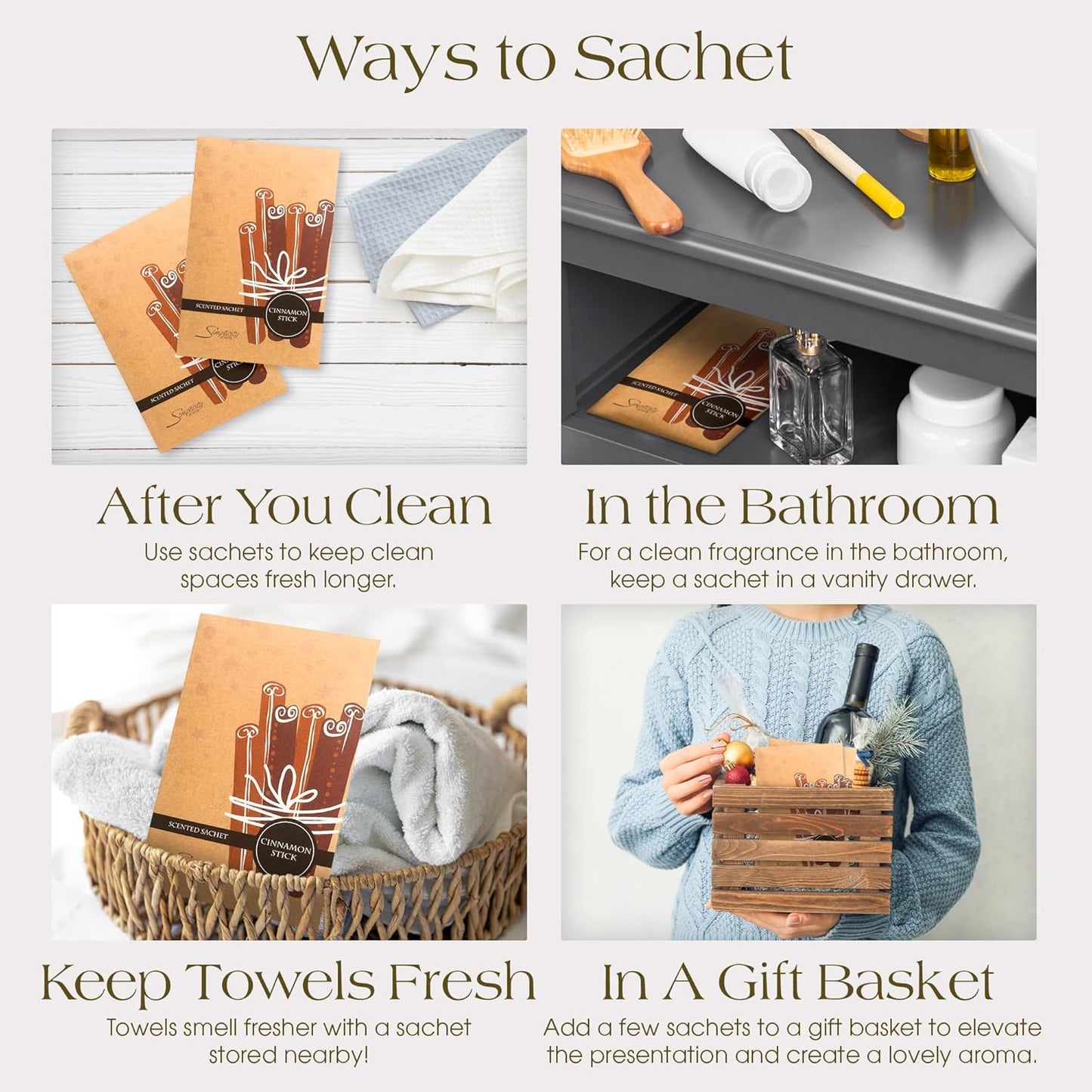 Simplicity Scents Cinnamon Stick Scented Sachets Pack of 6, Fall & Winter - Long-Lasting Scented Bags, Home Fragrance, Air Freshener & Deodorizer for Closet, Room, Drawer, or Cars, Made in The USA