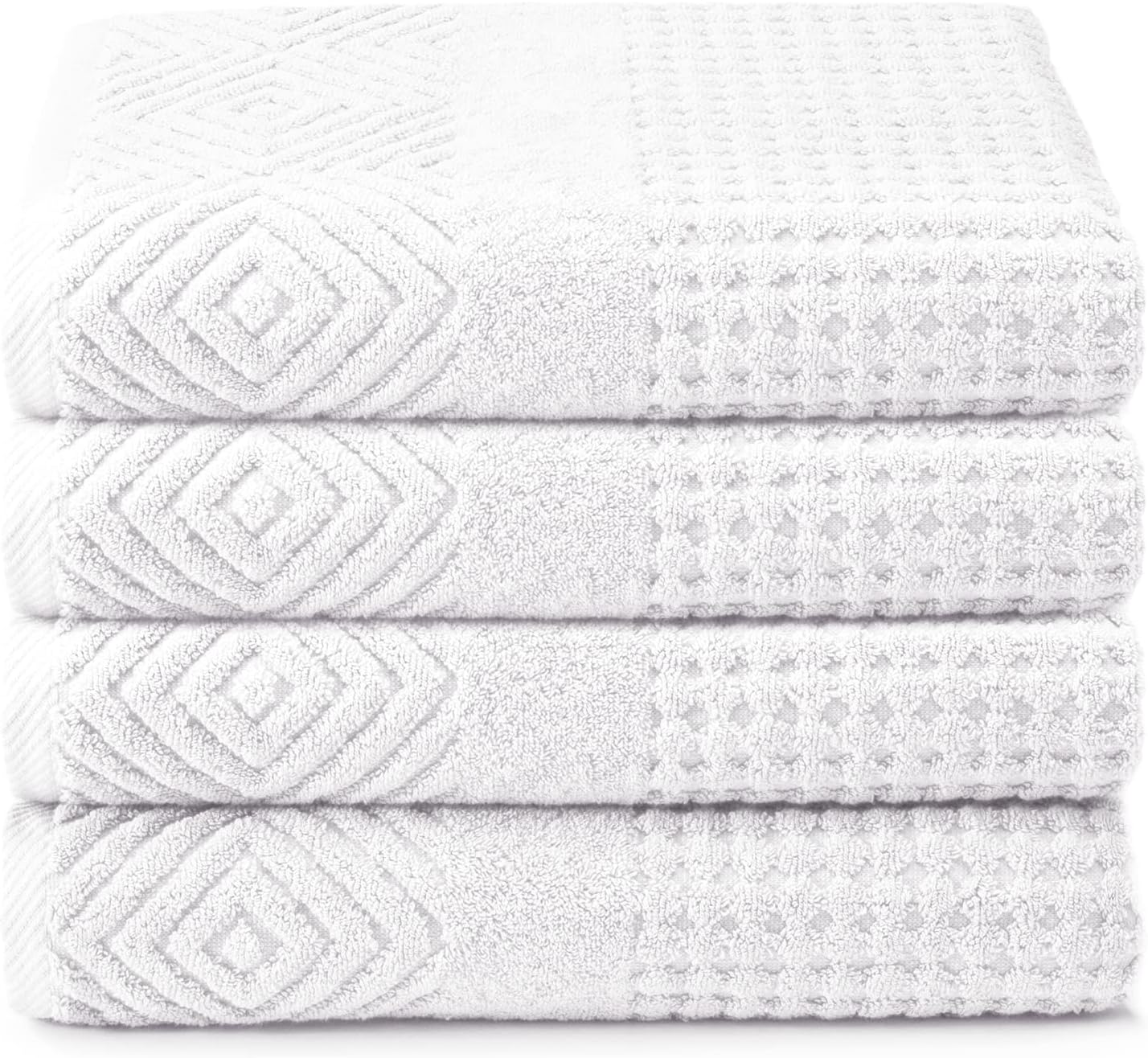 Texere 100% Organic Cotton Diamond Jacquard 700 GSM Luxury Bath Towel Sets - Ultra Soft and Absorbent Hotel and Spa Quality (Diamond, Bright White, 4 Bath Towels)
