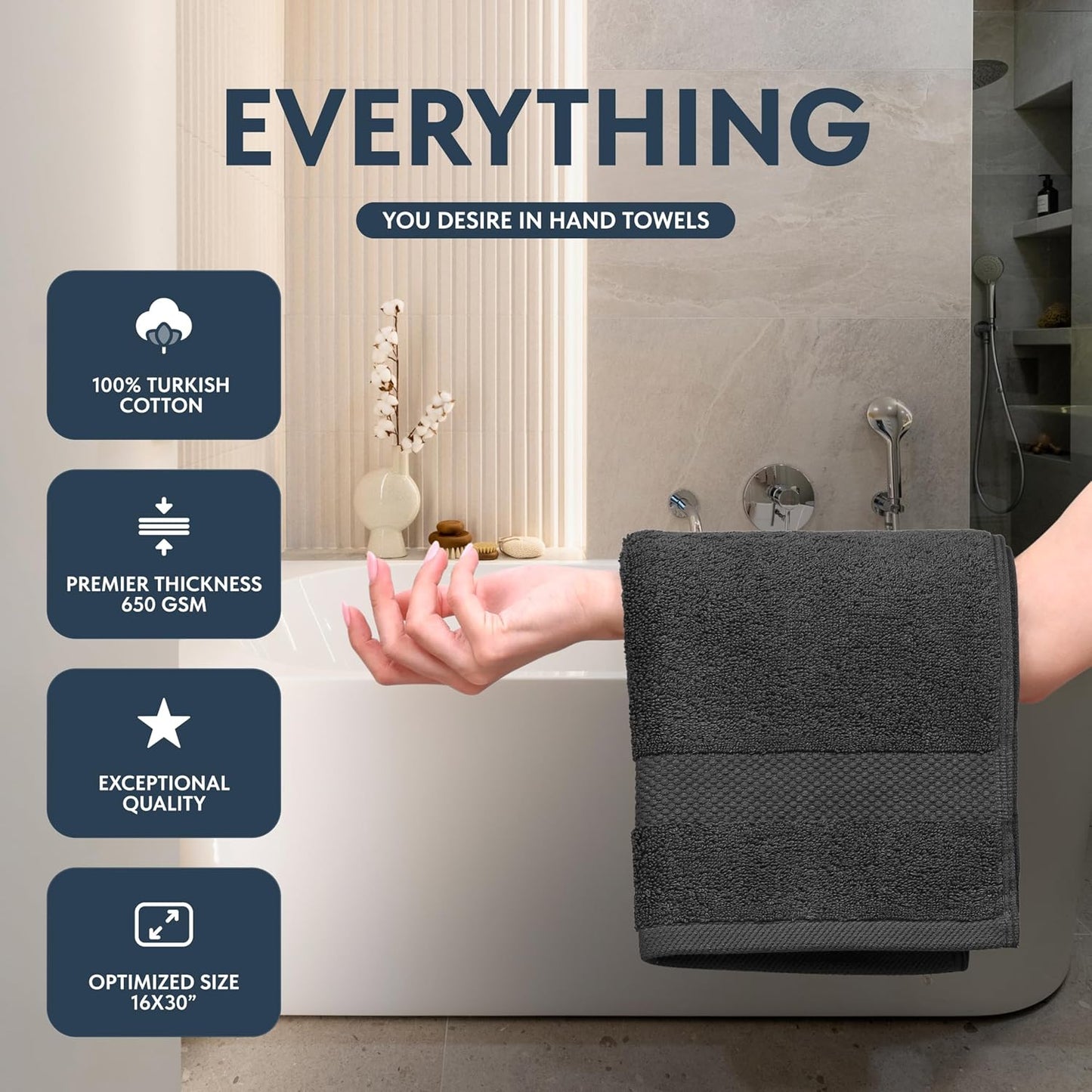 White Classic Luxury Dark Gray Hand Towels - Soft 100% Turkish Cotton | Highly Absorbent Hotel spa Bathroom Towel Collection | 16x30 Inch | Set of 6