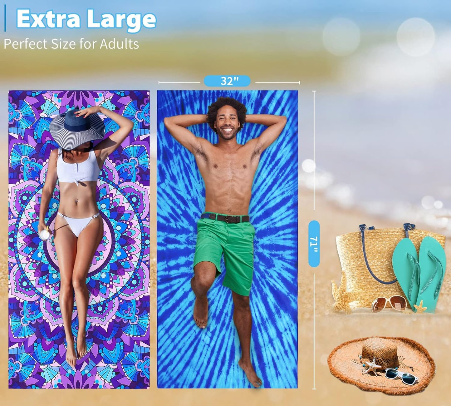 4 Pack Microfiber Thin Lightweight Beach Towel Oversized 71x32 Extra Large Sand Free Towels for Travel Swim Pool Yoga Gym Camping for Adults Women Men Beach Essentials Accessories Vacation Gift