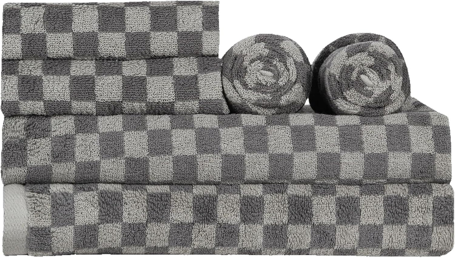 Checkered Bath Towels Set of 6 Large, 520GSM, 100% Cotton Shower Towels * 2 (55.12"*27.56"), Hand Towels * 4 (29.52"*13.77"),Towels for Bathroom、Pool、Hotel, Spa, Soft Absorbent（Grey）