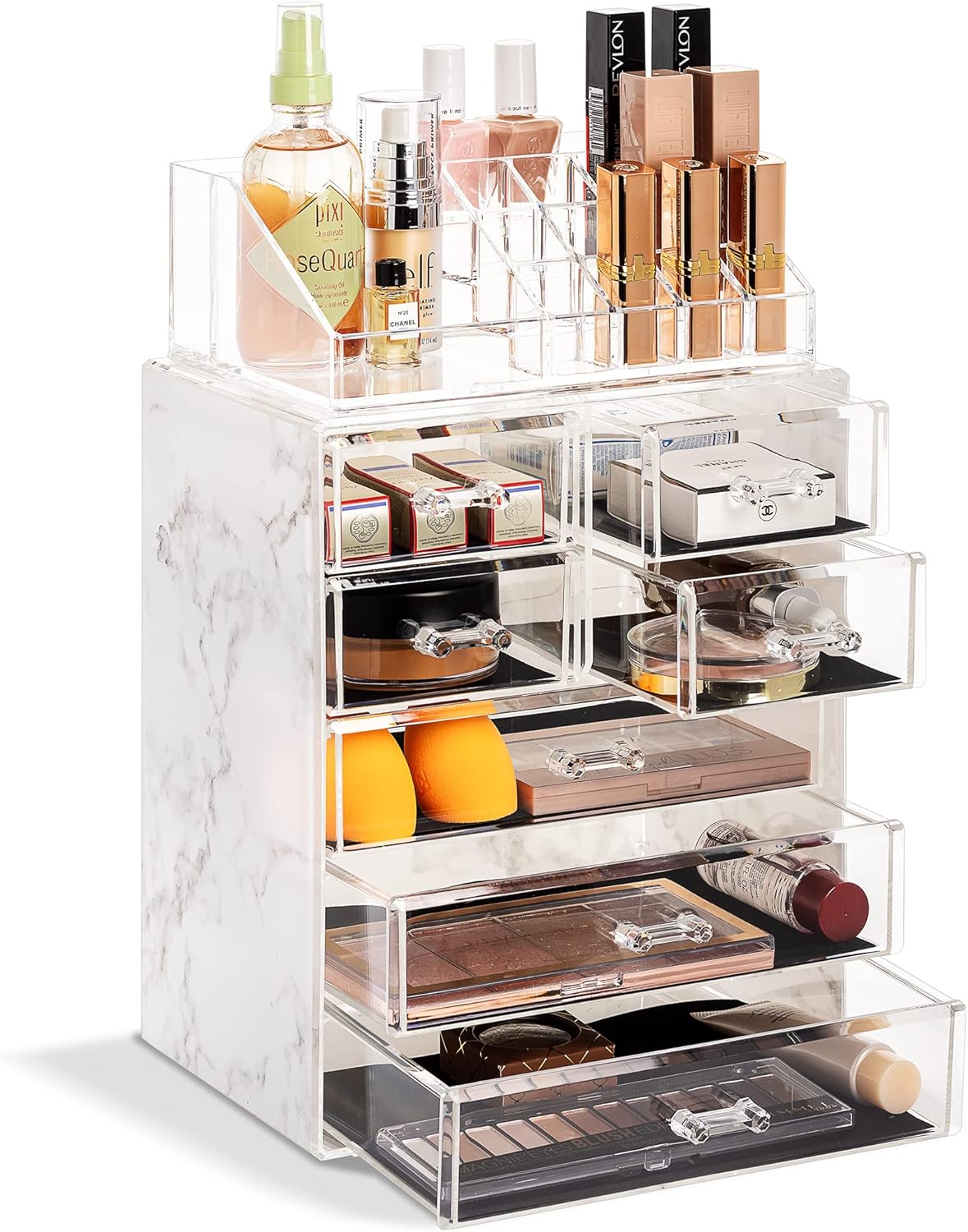 Sorbus Clear Cosmetic Makeup Organizer - Make Up & Jewelry Storage, Case & Display - Spacious Design - Great Holder for Dresser, Bathroom, Vanity & Countertop (3 Large, 4 Small Drawers) [Marble Print]
