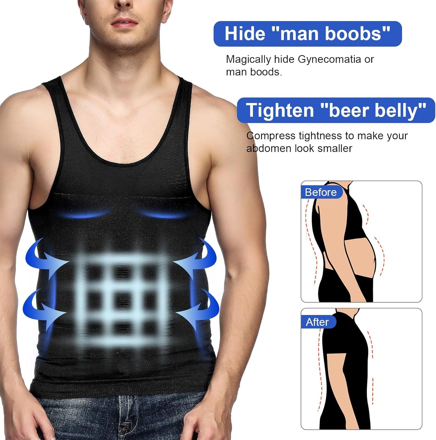 Odoland Mens 3 Pack Body Shaper Slimming Tummy Vest Thermal Compression Shirt Tank Top Shapewear