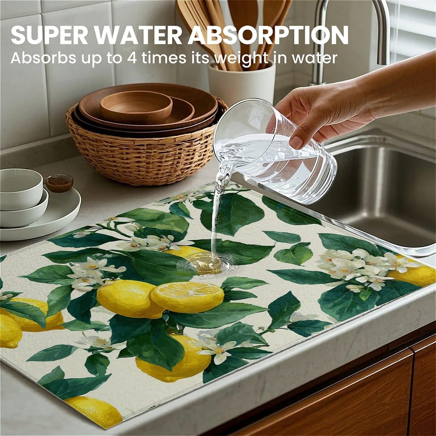 Dish Drying Mat For Kitchen Counter, Lemon Microfiber Absorbent Dish Drainer Rack Pad Reusable Large 18x24in Drying Mat