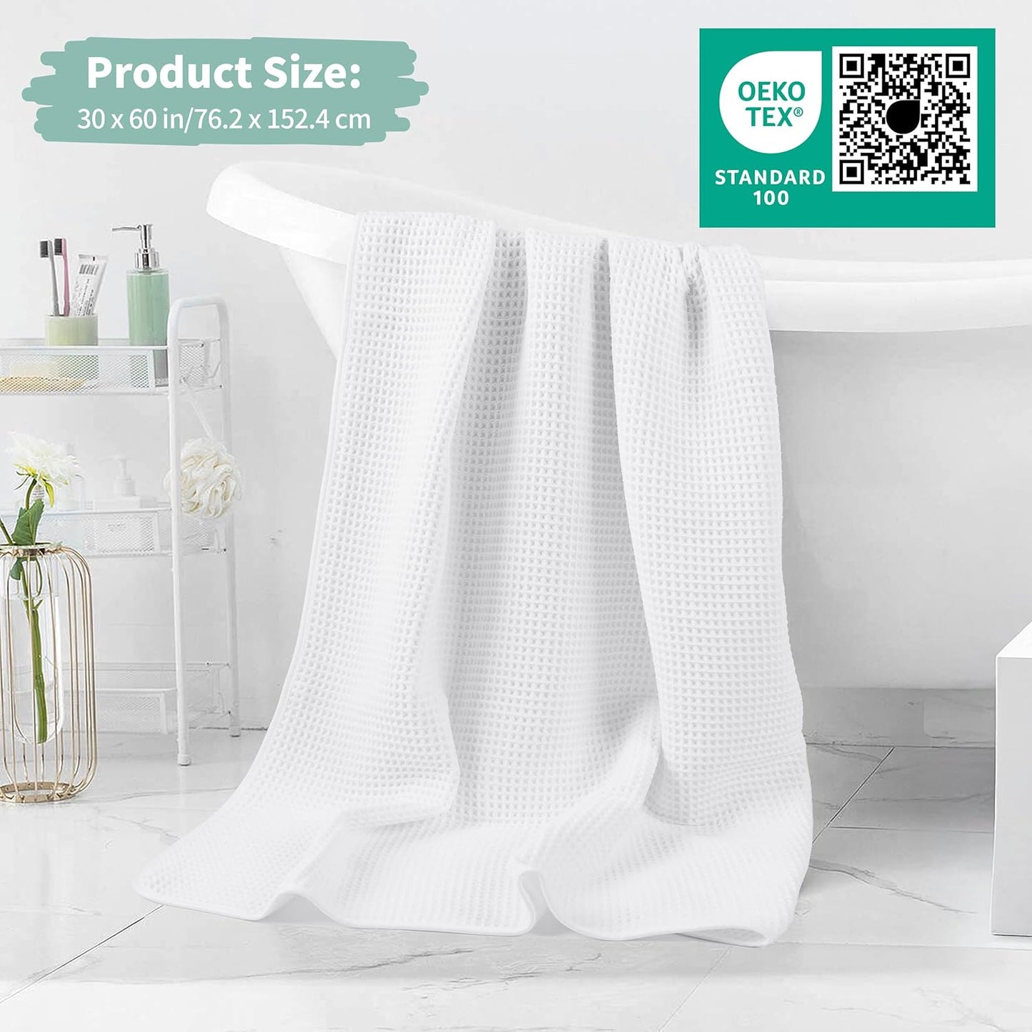 New Microfiber Waffle Bath Towels, 2 Pieces, Oversized, Soft, Absorbent, Fast Drying, Lint Free (White)