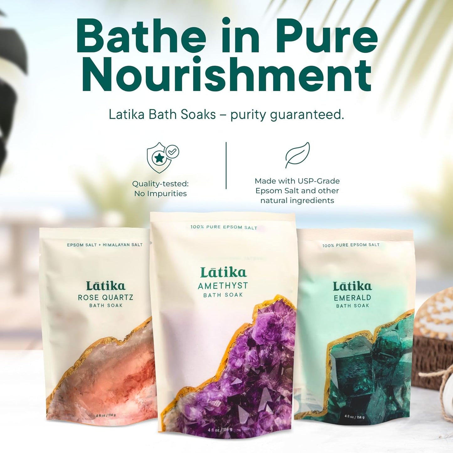 Geode-Inspired Bath Soak Set of 3 - Amethyst, Rose Quartz & Emerald with Essential Oils & Epsom Salt - Sandalwood, Lavender, Sage & Eucalyptus for Stress Relief, Muscle Recovery & Skin Care
