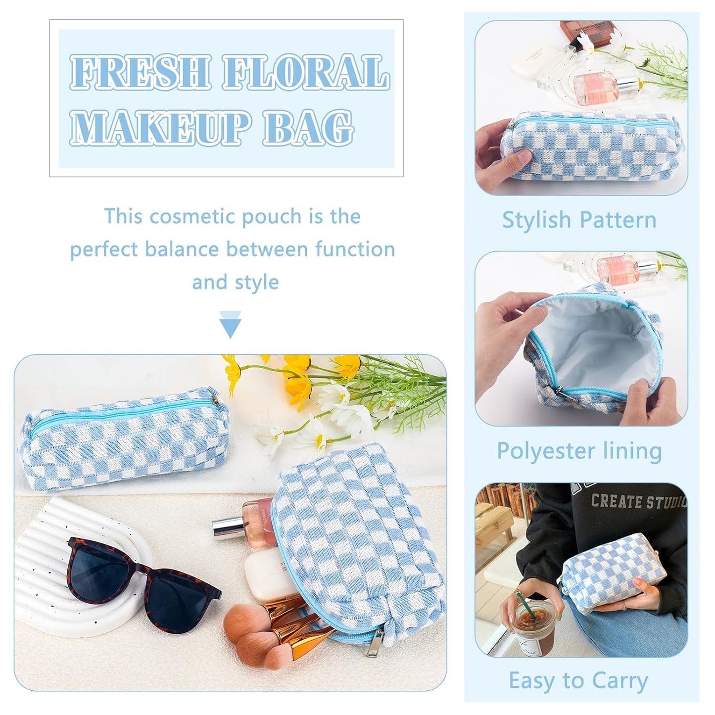 2Pcs Checkered Pencil Case Cute Pencil Pouch for Teens Checkered Makeup Bag Travel Cosmetic Bag Set Cute Makeup Pouch for Purse Portable Zippered Skincare Bags Preppy Toiletry Bags Organizer(Blue)