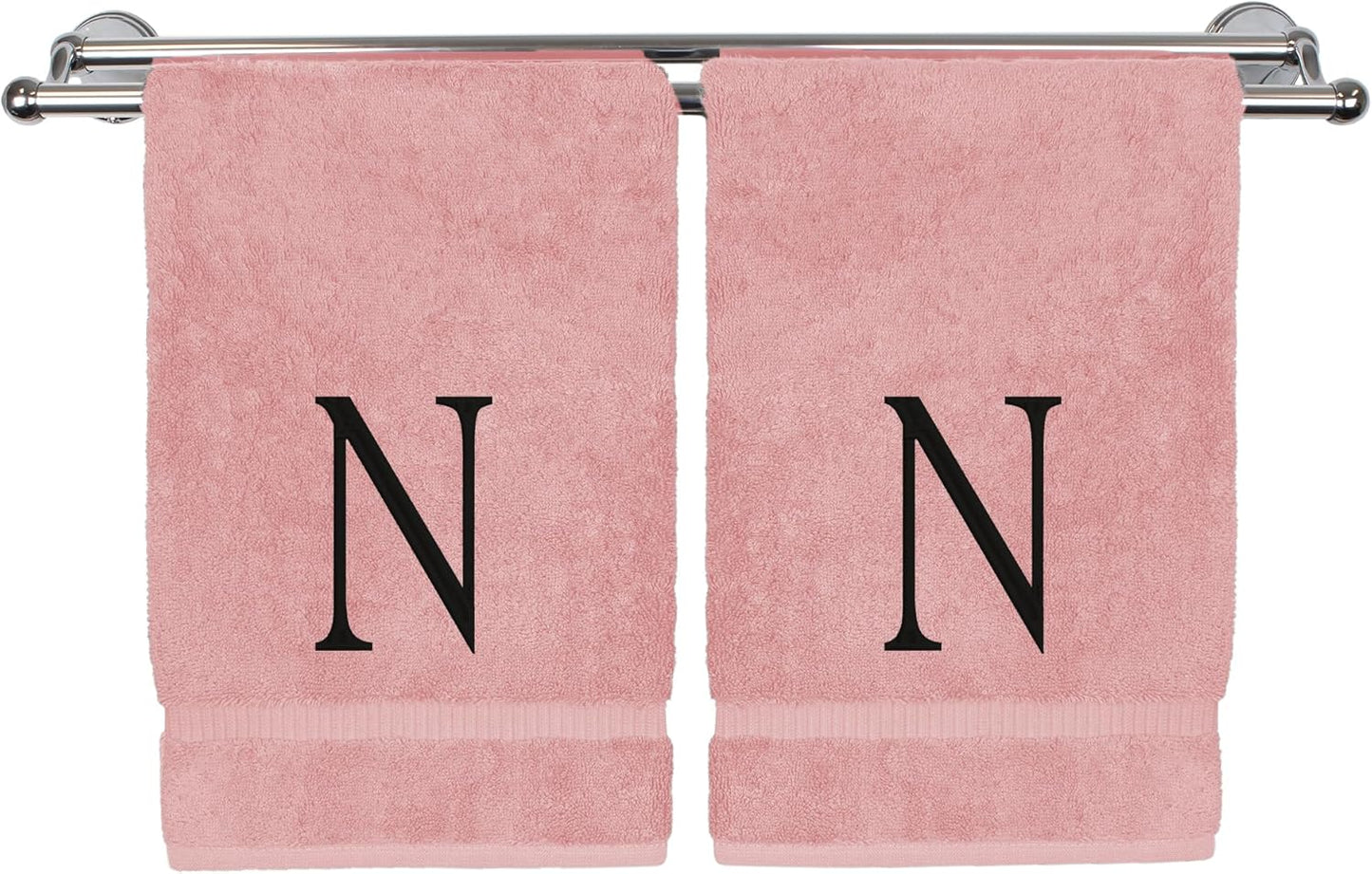 Monogrammed Hand Towel, Personalized Initial Gift, Extra Absorbent 100% Turkish Cotton - Soft Terry Finish - Set of 2 - Black Block Initial N - Embroidered on Pink Towels