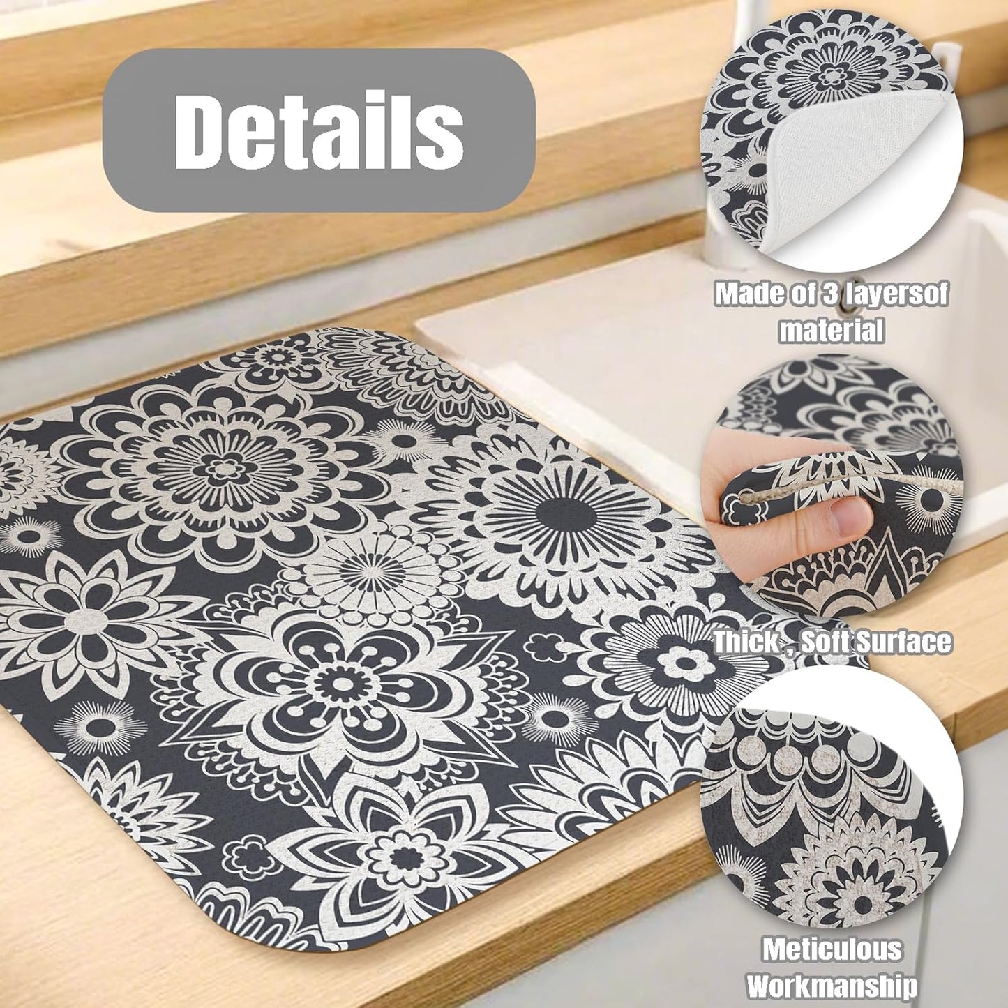 Dish Drying Mat for Kitchen Counter Large 18" x 24" Mandala Absorbent Microfiber Dishes Drainer Rack Mats Pad Reusable Washable