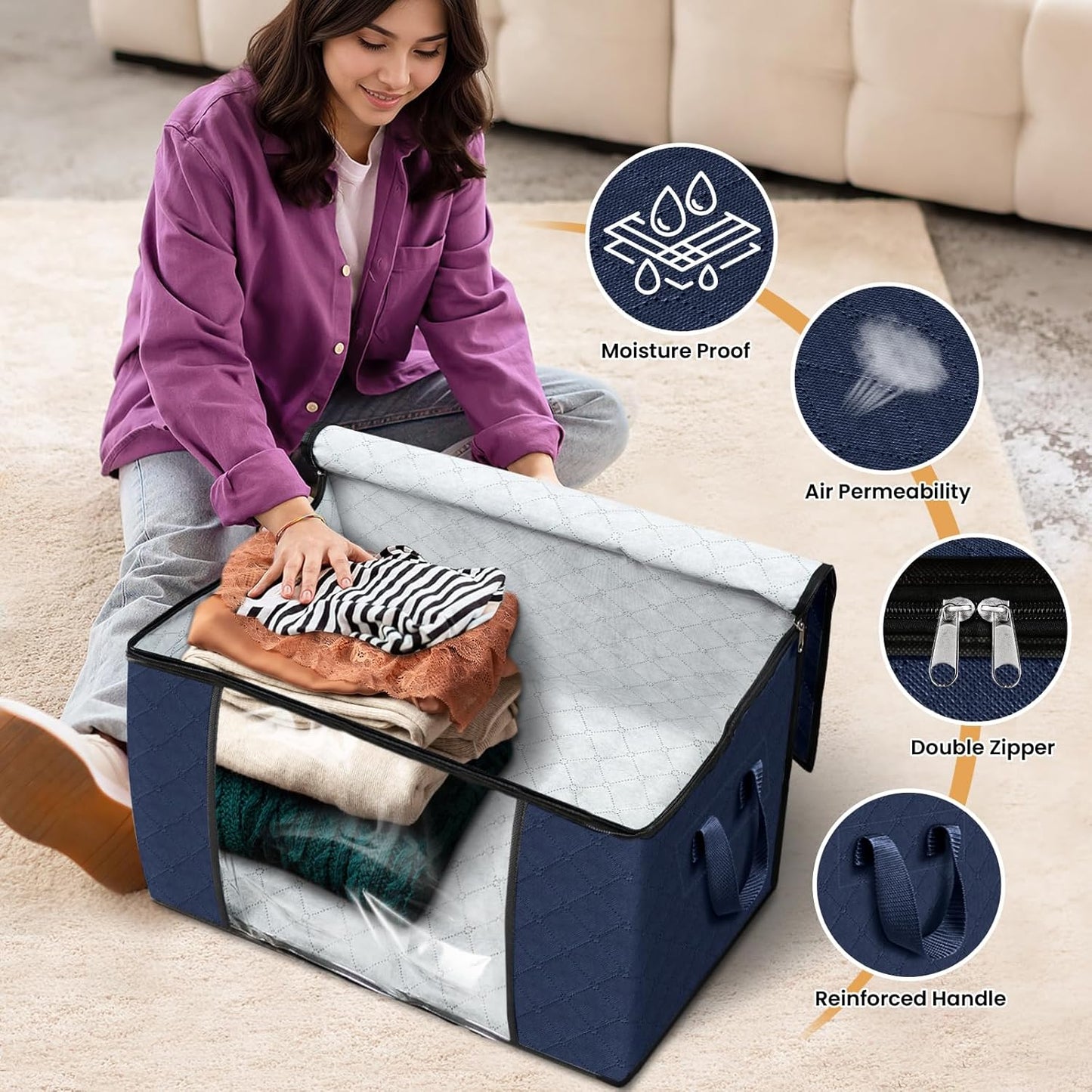 Fab totes 24 Gallons Clothes Storage, Foldable Thick Fabric Blanket Storage Bags, Containers for Organizing Bedroom, Closet, Clothing, Comforter, Organization with Handle (8 Pack,Blue)