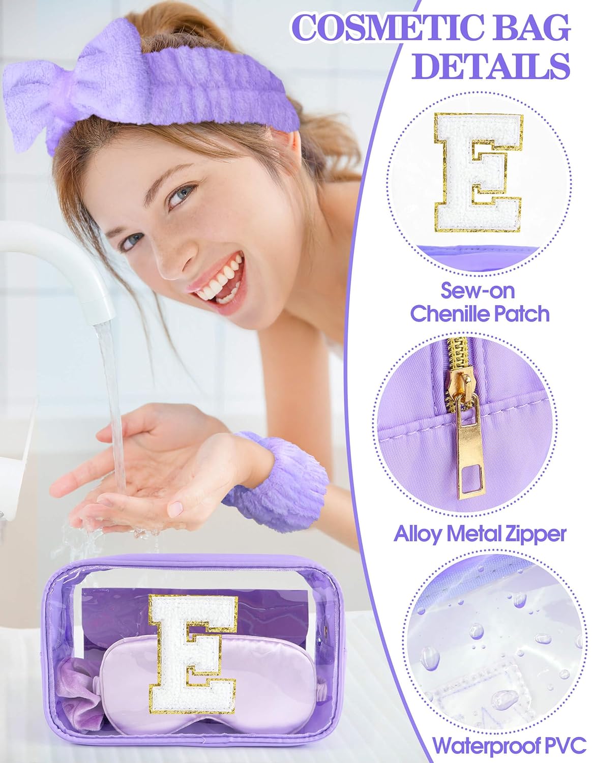 Gift Sets for Women, Initial Makeup Bag with Makeup Brush Set Bachelorette Party Favors, Purple Spa Kit with Skincare Headbands Wrist Bands Sleepover Party Supplies Gifts for Teen Girls Bridesmaid E