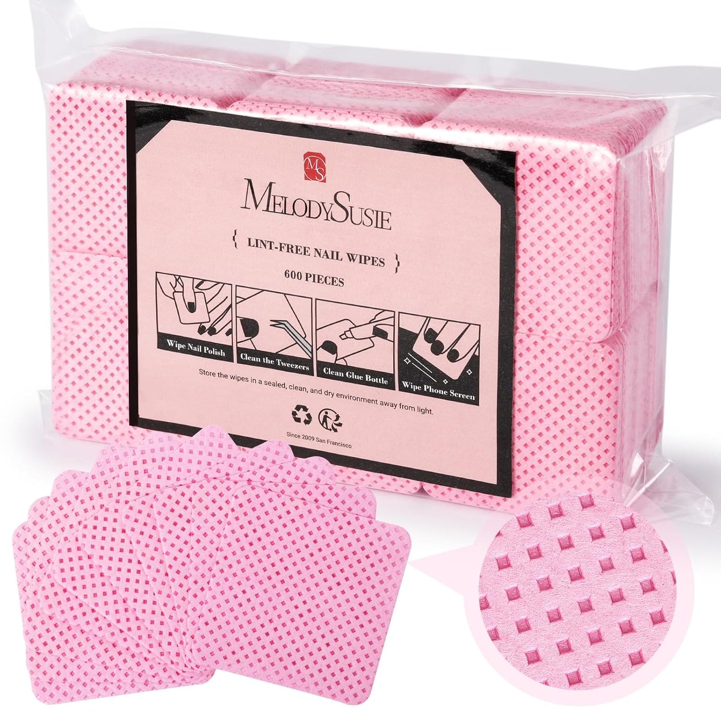 MelodySusie 600Pcs Lint Free Nail Pink Wipes Super Absorbent Soft Non-Woven for Fingernail Polish Remover and Eyelash Extension Wipes for Nail Art