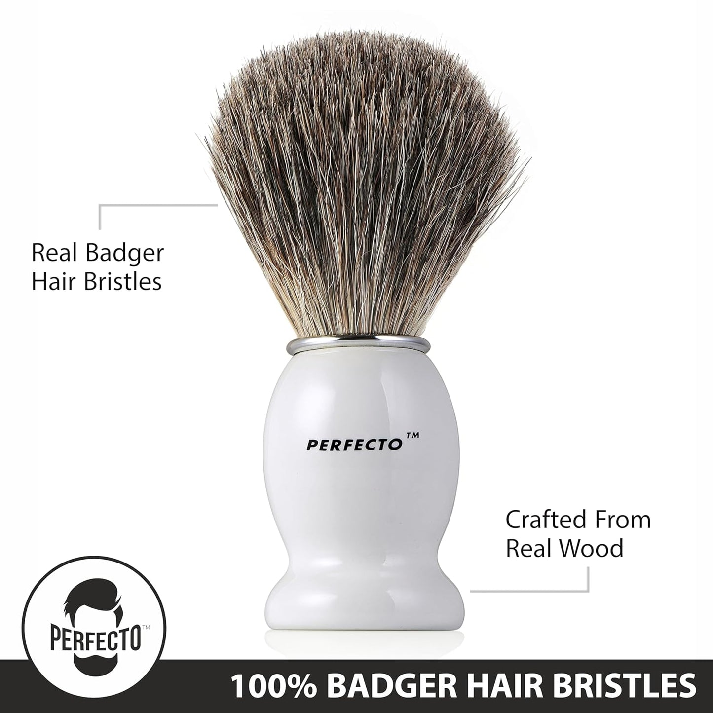 Perfecto 100% Pure Badger Shaving Brush-White Handle, Gift for Dad, Engineered for the Best Shave of Your Life. For Fathers Day Gift, Safety Razor, Double Edge Razor, Straight Razor, Shaving Razor