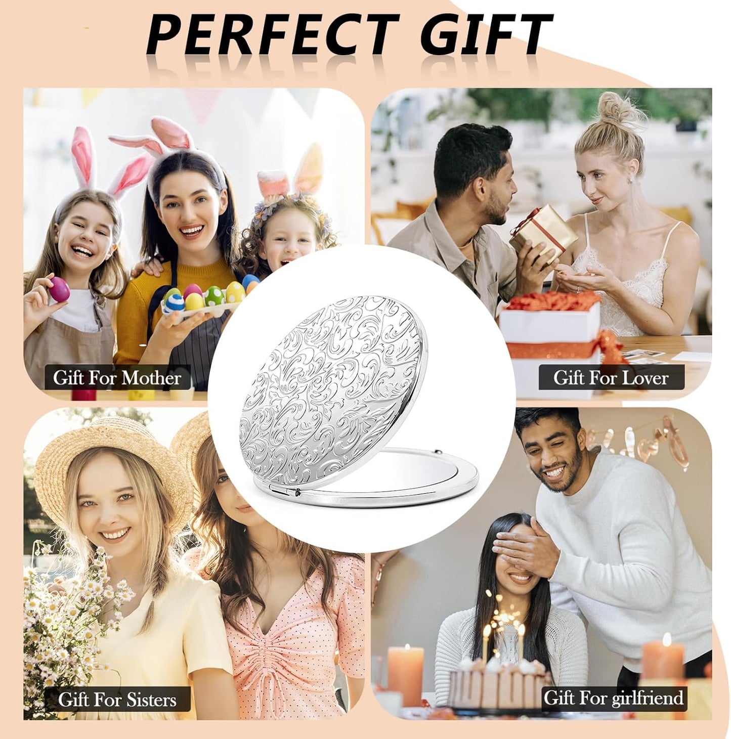 Portable Compact Metal Folding Makeup Mirrors, Beautiful and Elegant,1X/2X Magnifier. (Silver)