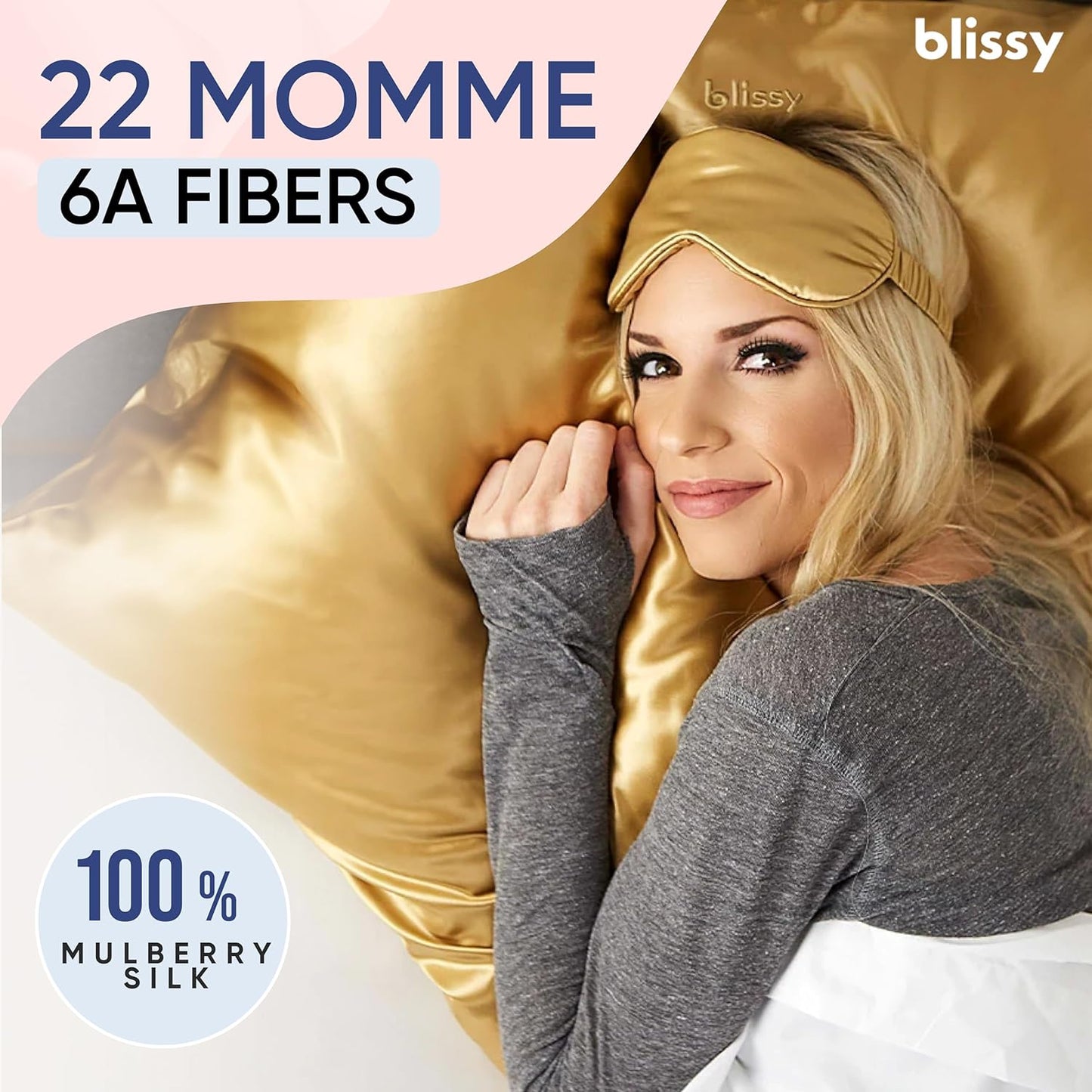 Blissy Silk Pillowcase - 100% Pure Mulberry Silk - 22 Momme 6A High-Grade Fibers - Silk Pillow Cover for Hair & Skin - Regular, Queen & King (Gold, Standard)