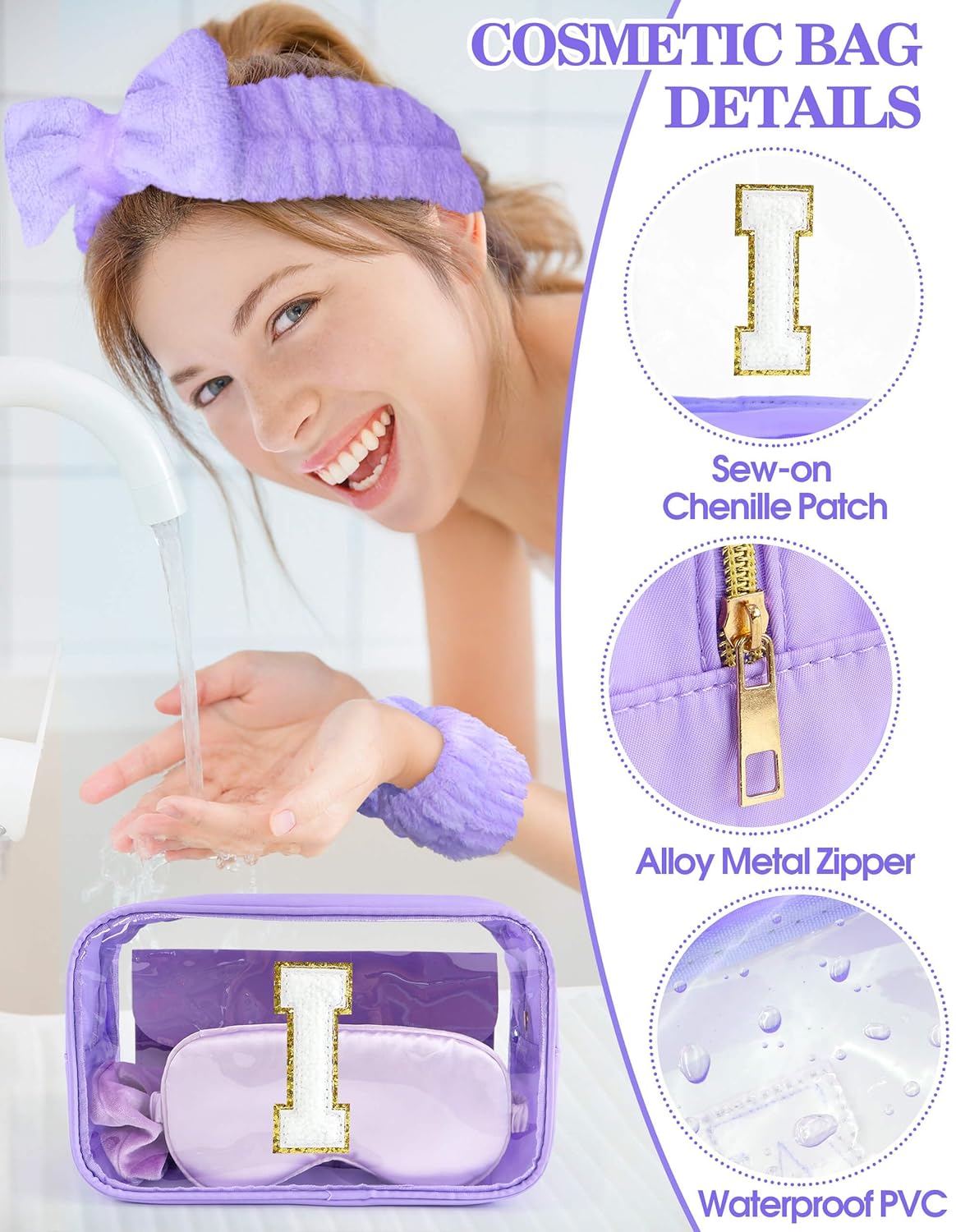 Gift Sets for Women, Initial Makeup Bag with Makeup Brush Set Bachelorette Party Favors, Purple Spa Kit with Skincare Headbands Wrist Bands Sleepover Party Supplies Gifts for Teen Girls Bridesmaid I