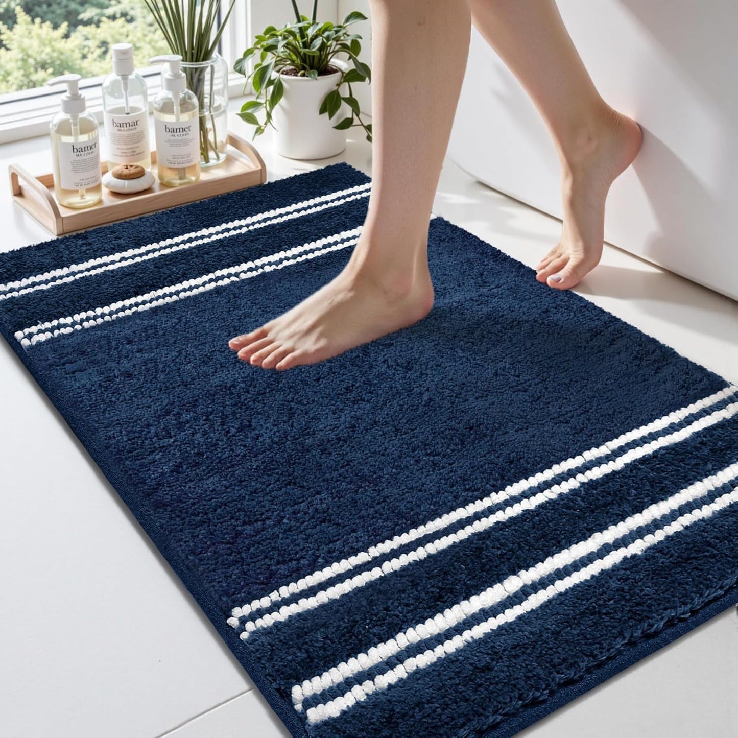 Bathroom Rugs 17x24 Extra Soft Absorbent Bath Mat Chenille Non Slip Shower Mat Rubber Backing Machine Washable Bath Mats for Bathroom Shaggy Blue Bath Rugs for Tub, Hallway