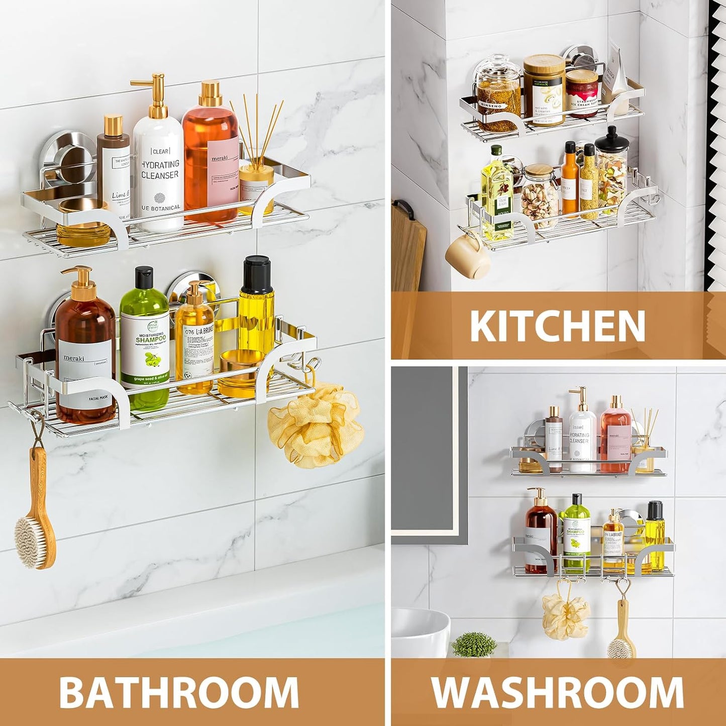 LEVERLOC Shower Caddy Suction Cup 2 Pack, Shower Shelf for Inside, Large Capacity Bathroom Organizers and Storage, Rustproof & Waterproof Metal Bath Basket, No-Drilling, Heavy Duty, Silver