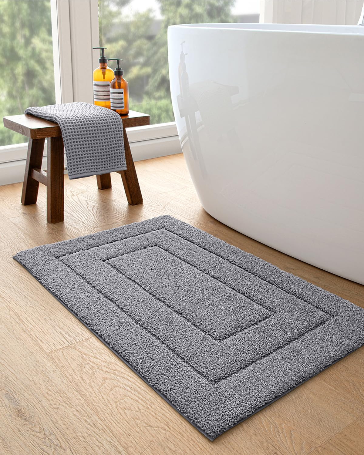 DEXI Bathroom Rug 43x24, Non Slip Washable Bath Mat for Shower Floor, Extra Large Absorbent Soft Bathmat with Rubber Backing, Quick Dry Microfiber Carpet, Grey