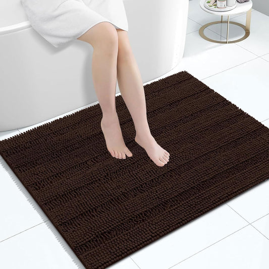 Grandaily Chenille Striped Bathroom Rugs 40x32, Extra Thick and Absorbent Bath Mats, Non-Slip Soft Plush Shaggy Shower Carpet, Machine Wash Dry, Bath Rug for Bathroom, Brown