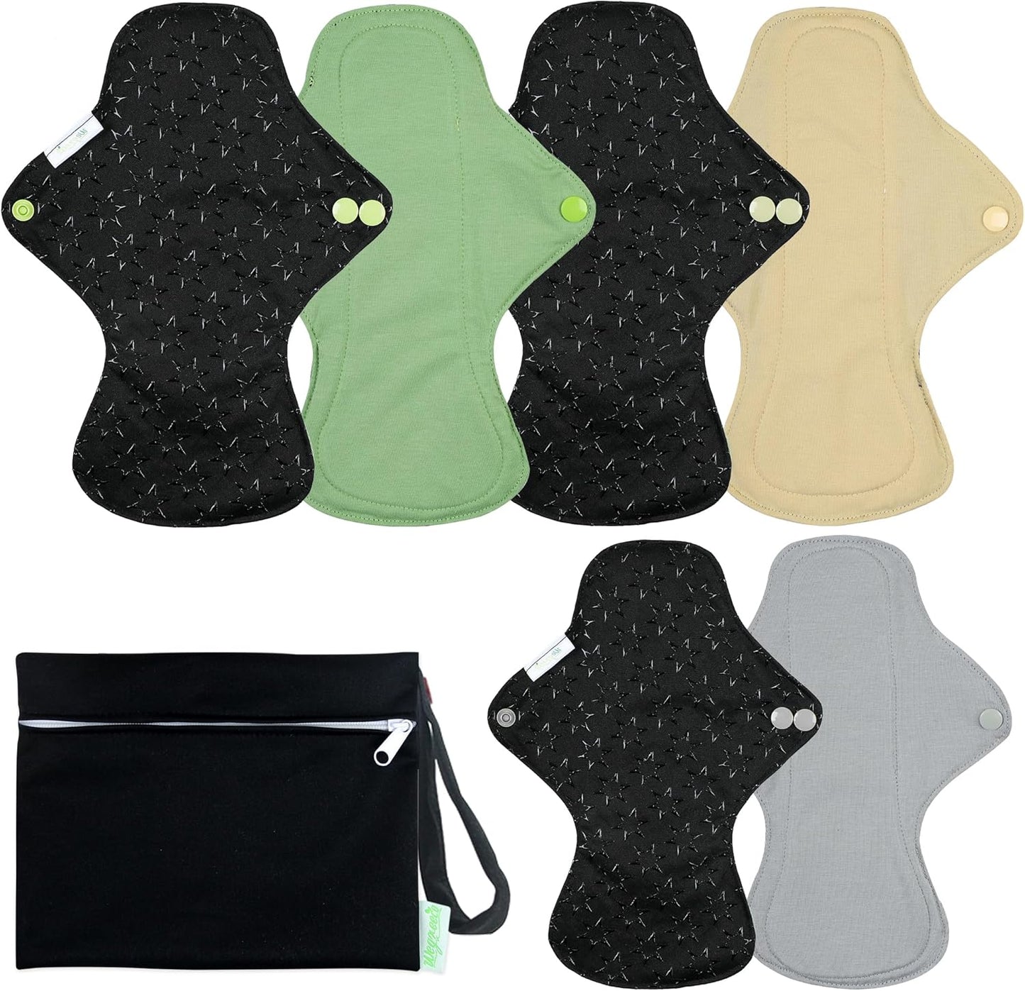 wegreeco 6 Pcs Reusable Menstrual Pads, Ultra Absorbent Cloth Pads for Period, Sanitary for Teens, Women, Nonslip Panty Liners + 1 Pc Wet Bag (Mustard Yellow, Grey, Beige, M)