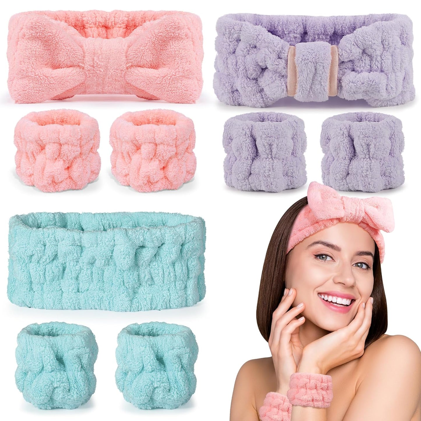 Spa Headband and Wristband Set - 3-Piece Skincare Headbands & 6-Piece Wrist Spa Wristbands for Women,Facial Hairbands for Washing Face, Makeup, Sports, Yoga, Headband for Washing Face