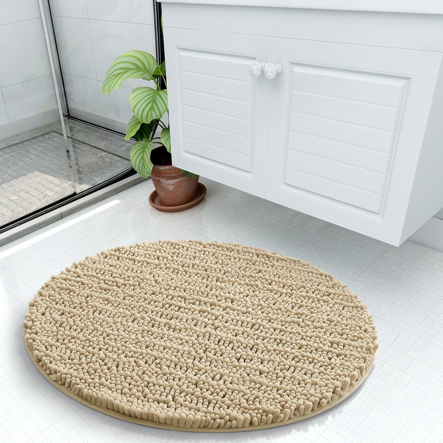 Arotive Luxury Round Chenille Bathroom Rug Mat, Extra Soft Thick Absorbent Shaggy Bath Rugs, Non-Slip Machine Wash Dry Plush Bath Mats for Bathroom, Shower and Tub, 24x24, Beige