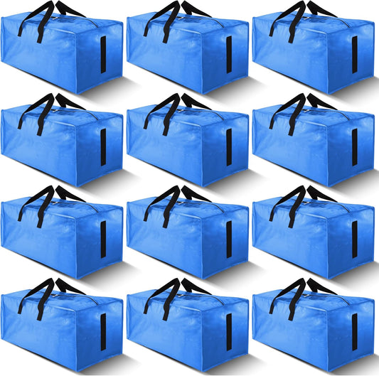 12 Pack Large Strong Moving Bags with Zippers & Carrying Handles - Water-Resistant - Heavy Duty Storage Tote for Space Saving, Fold Flat, Alternative to Moving Box (Sky Blue)
