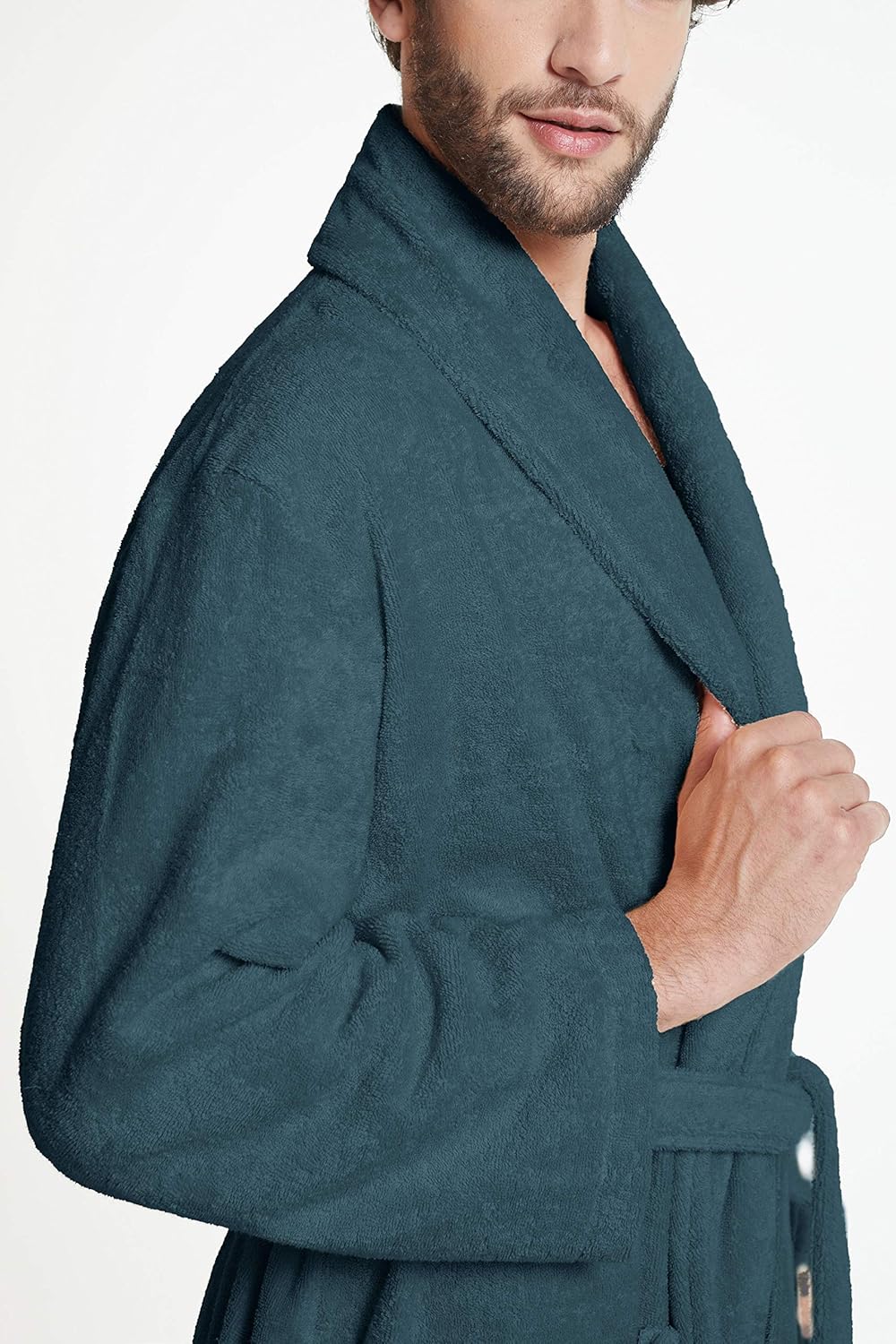 SIORO Mens Terry Bath Robe, Plush Hooded Cotton Cloth Knee-Length Robes for Spa, Shower, Soft Towel Bathrobes with Pockets