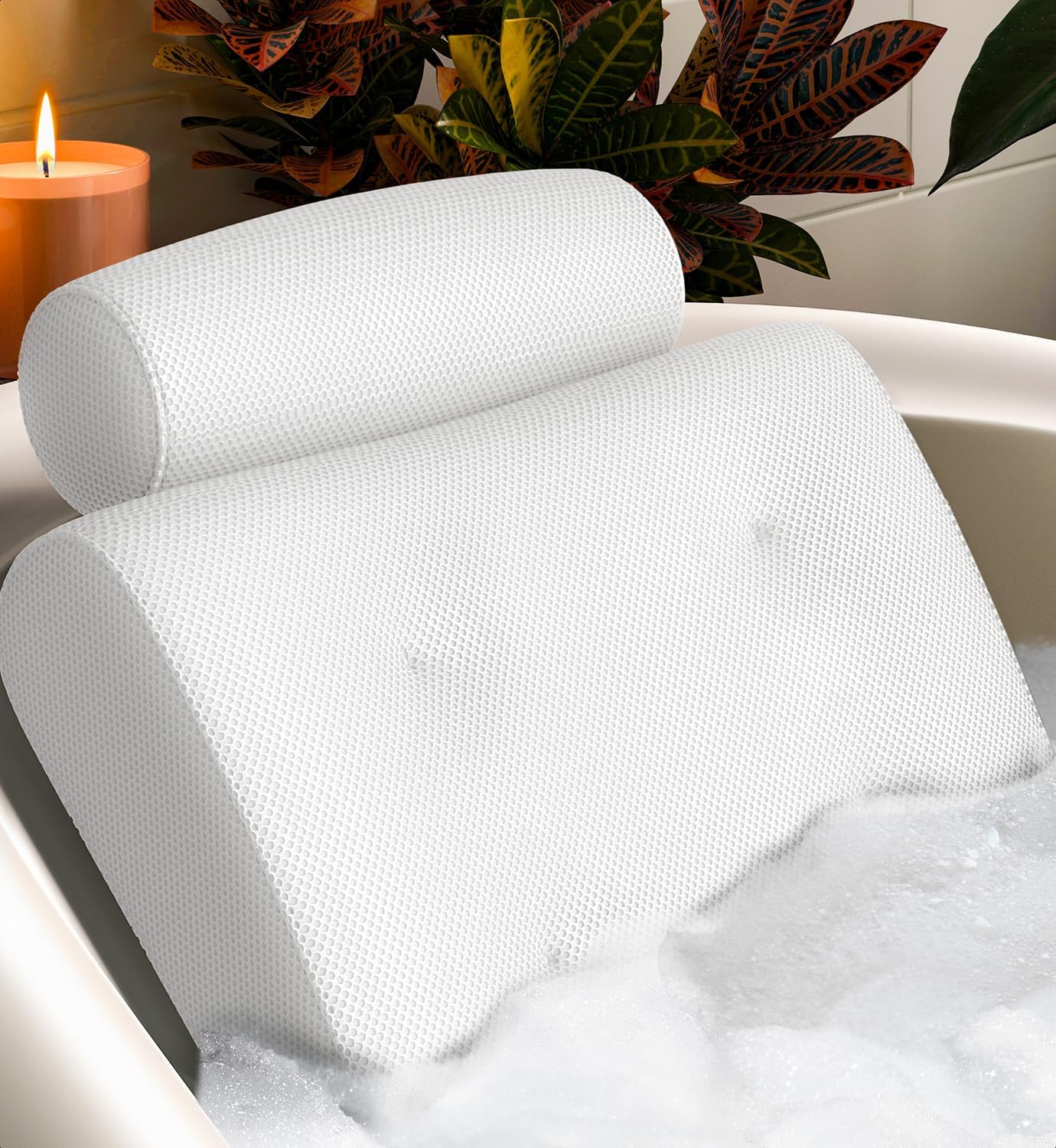 Everlasting Comfort Luxury Bath Pillows for Tub with Head and Neck Support - Non-Slip Bathtub Pillow with Suction Cups, Quick-Drying Mesh & Drying Hook - Jacuzzi & Bathtub Accessories for Women -White