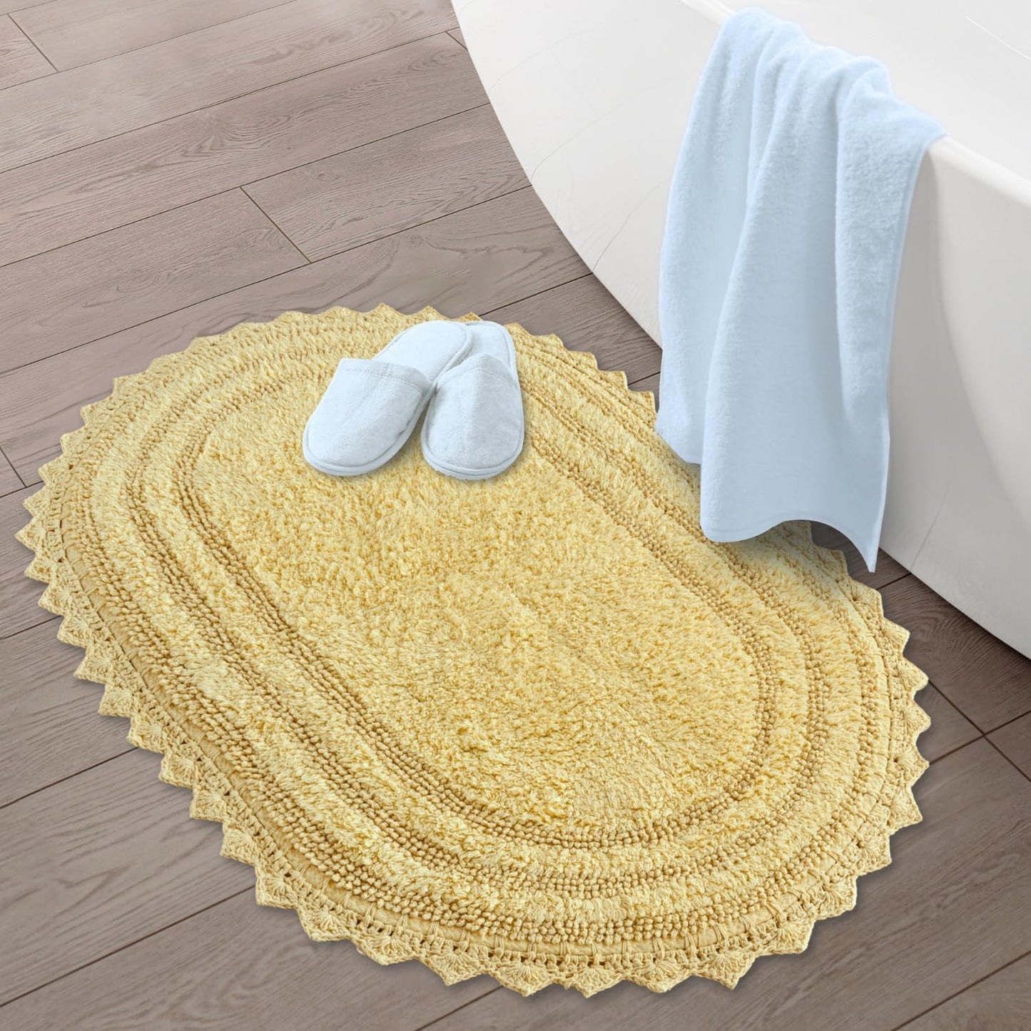 RAJRANG Bath Rug for Bathroom Kitchen Spa with Crochet Cotton Absorbent Soft Reversible Bath Mat Pale Banana Oval 24x17 Inch
