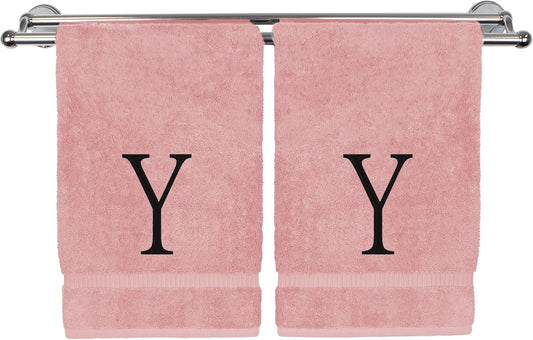 Monogrammed Hand Towel, Personalized Initial Gift, Extra Absorbent 100% Turkish Cotton - Soft Terry Finish - Set of 2 - Black Block Initial Y - Embroidered on Pink Towels