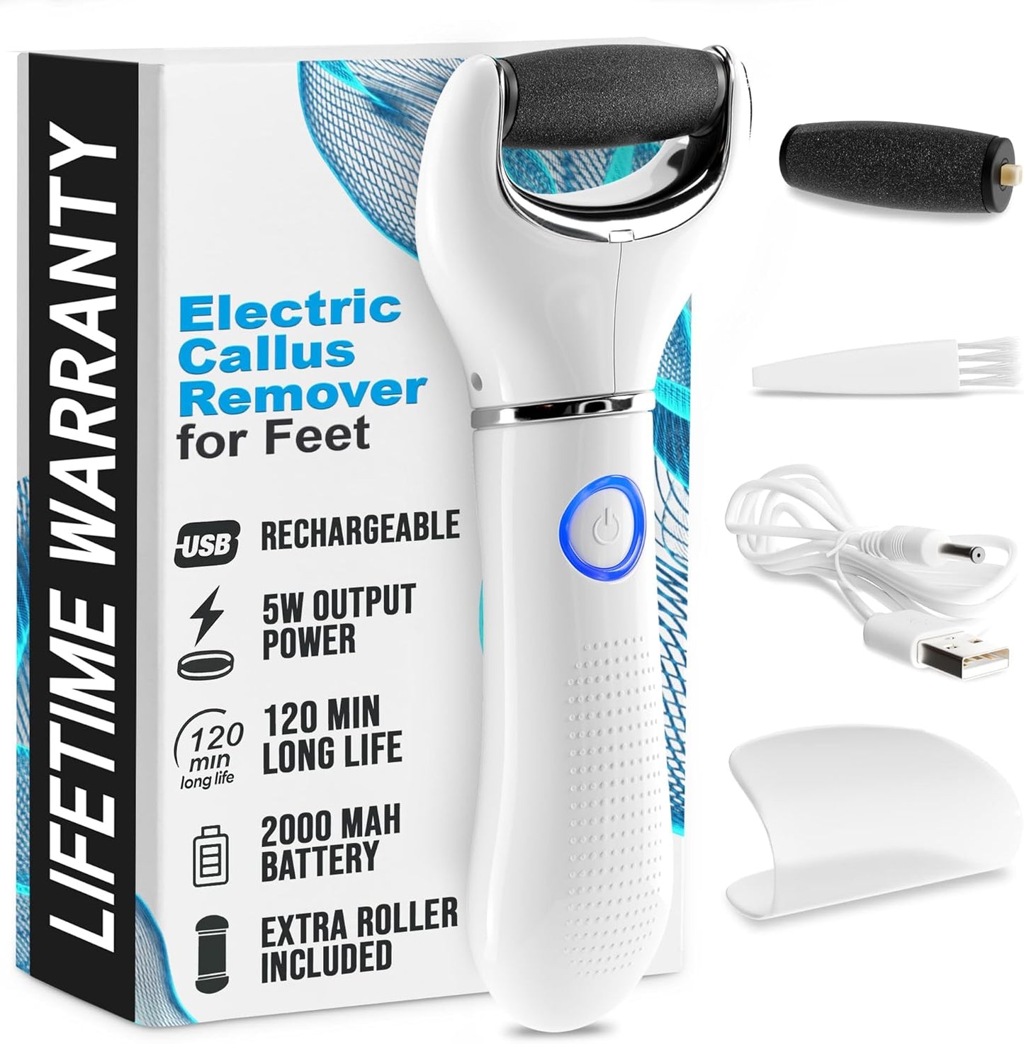 Rechargeable Electric Foot Callus Remover Tool – 3-Speed Foot Sander (1800/2200/2800 RPM), Electric Callus Remover for Feet, Pedicure Tools for Feet – 2000mAh, 120 Min Runtime, 2 Replacement Rollers