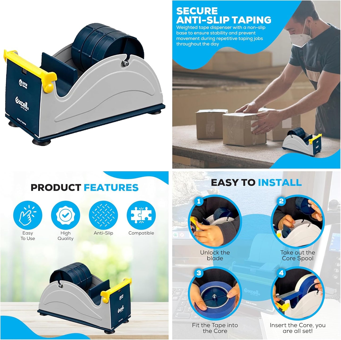 Excell EX-17/3IN JVCC EX-17 Steel Desk Top Tape Dispenser: 3" Wide, Blue/Grey + LuxProdX Sticker