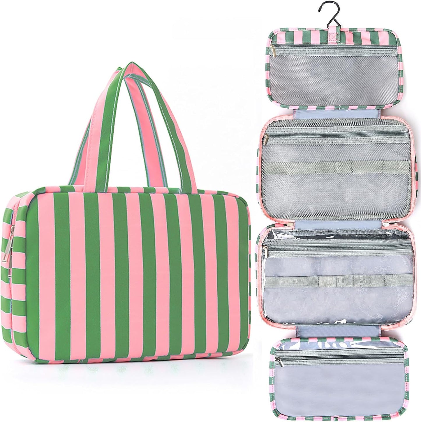 Toiletry Bag for Women Travel Water-resistant Cosmetic Bag Fashion Stripes Makeup Bag with Hanging Hook Preppy for Store Toiletries Cosmetic Accessories Large Capacity Green