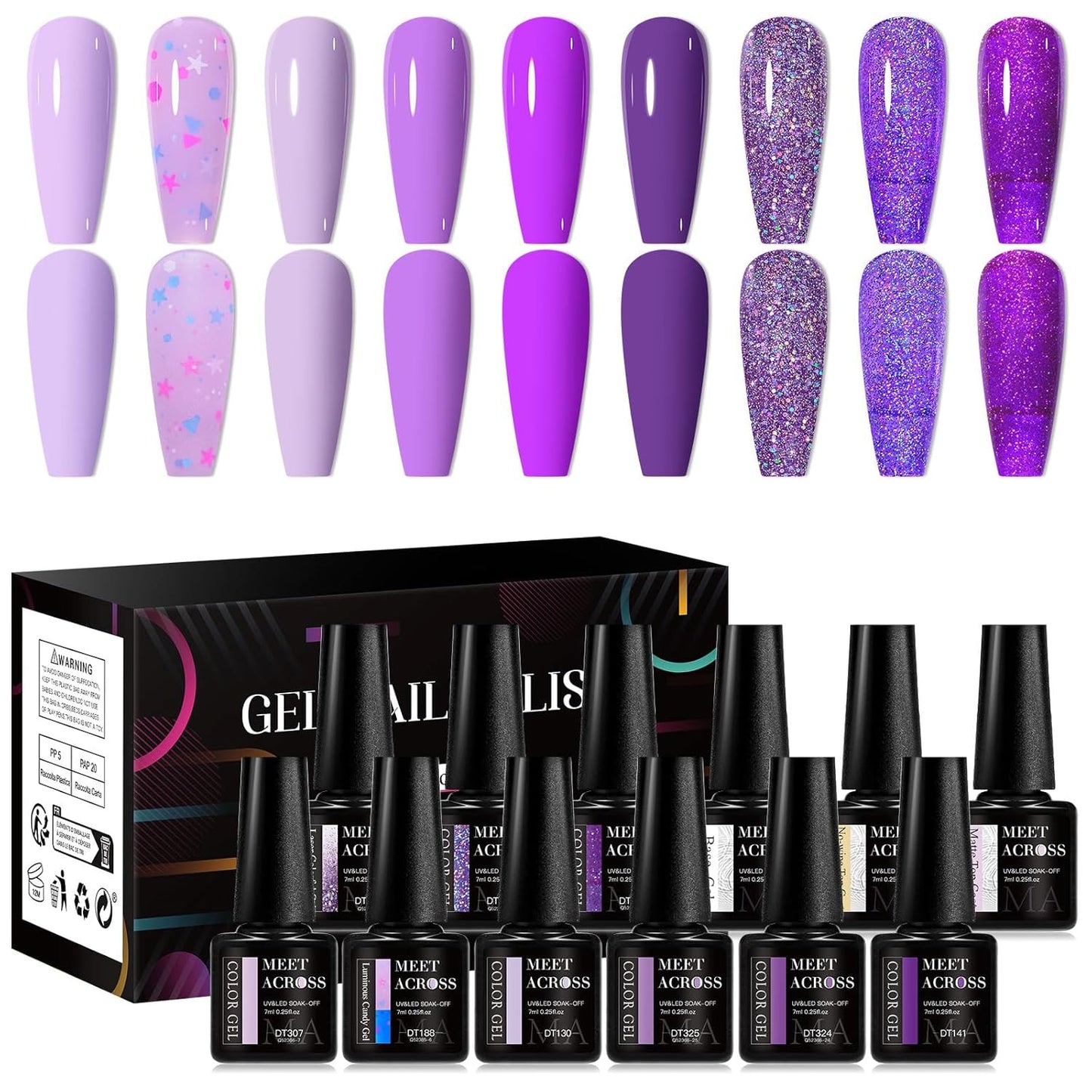 MEET ACROSS 9 Colors Gel Nail Polish + 3PCS Function Gel Nail Polish Kit,Fashion Nail Art Set Design Gifts for Women Manicure Salon (SET2, 12pcs)